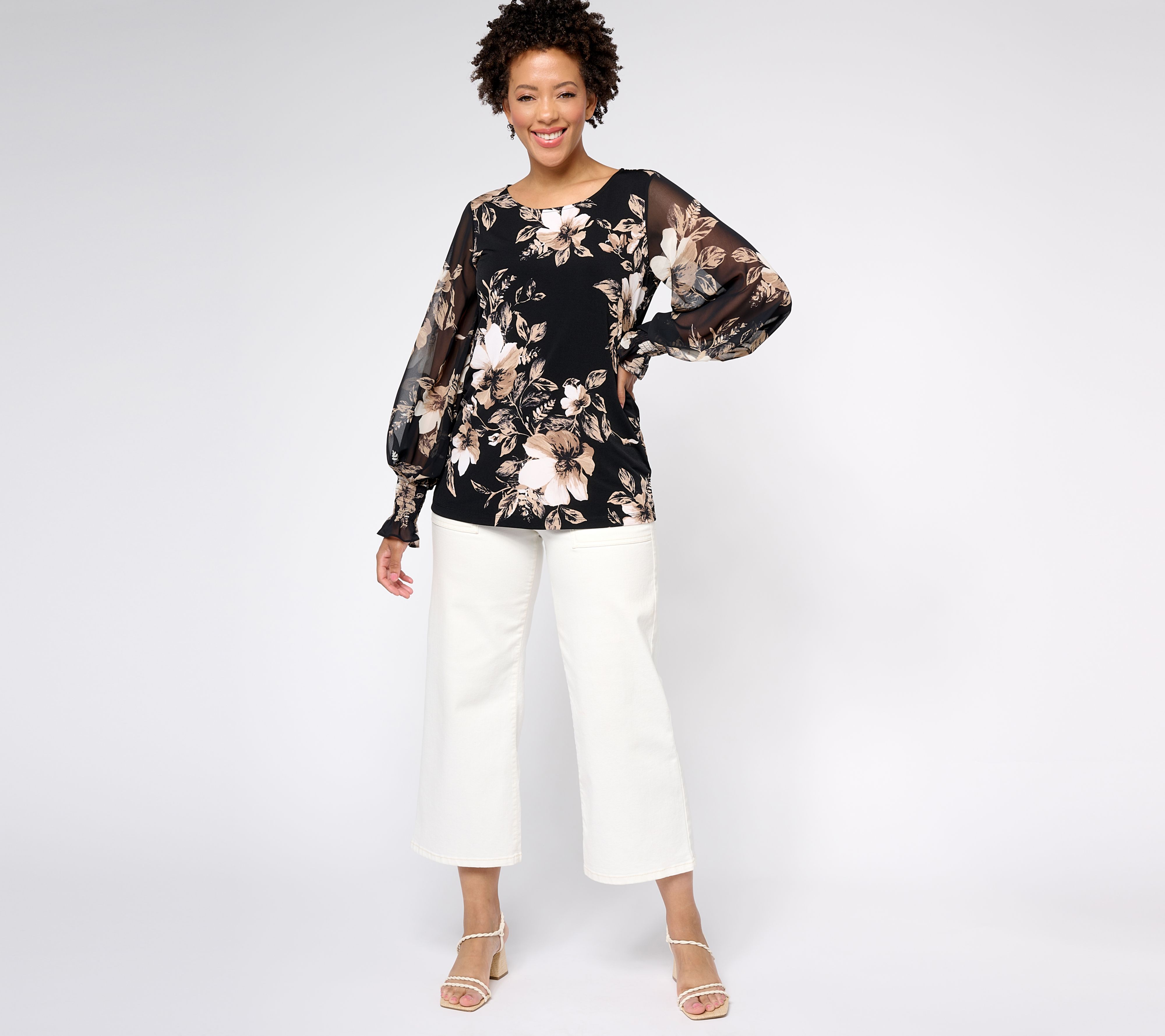 Susan Graver Printed Liquid Knit Tunic With Chiffon Sleeves