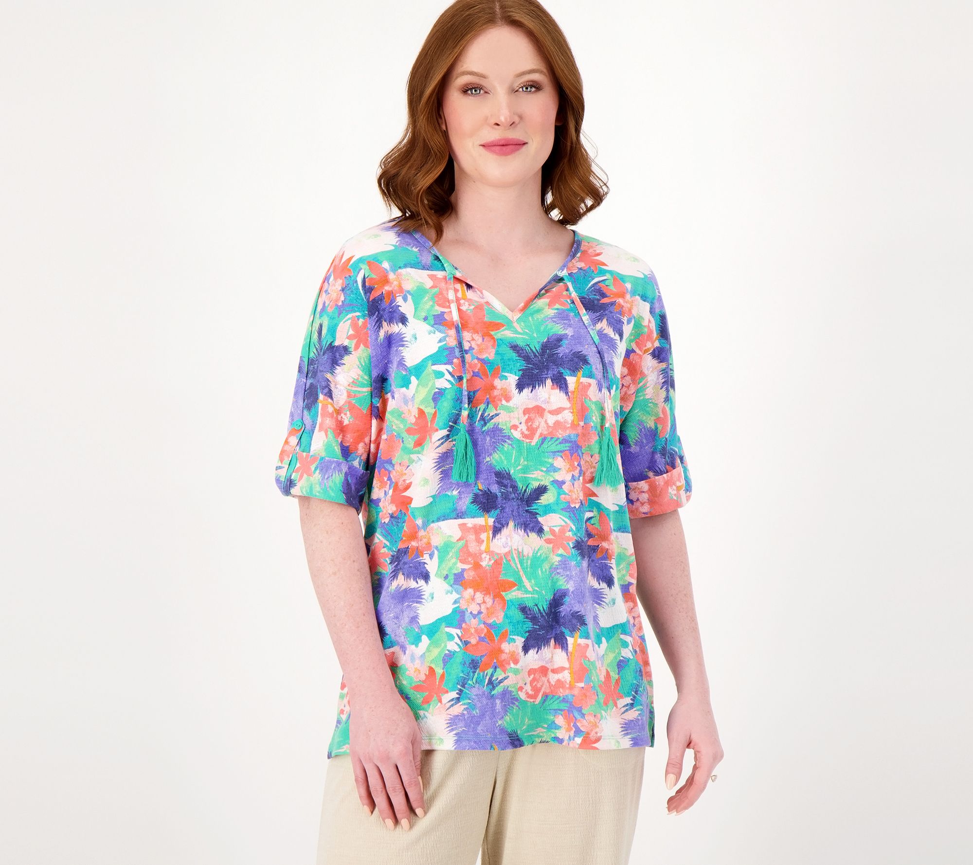 "As Is" Denim & Co. By The Beach Split Neck Gauze Top