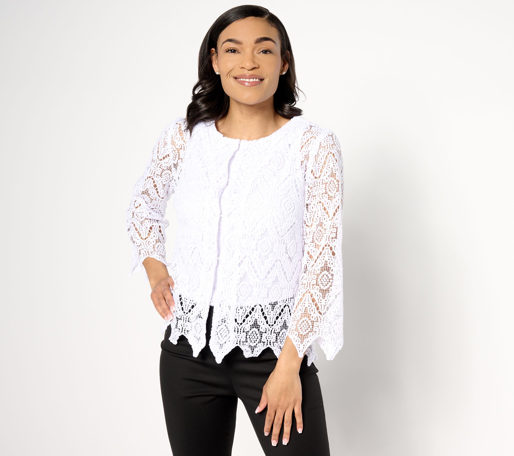 Susan Graver Occasions Scalloped-Edge Lace 3/4-Sleeve Shrug