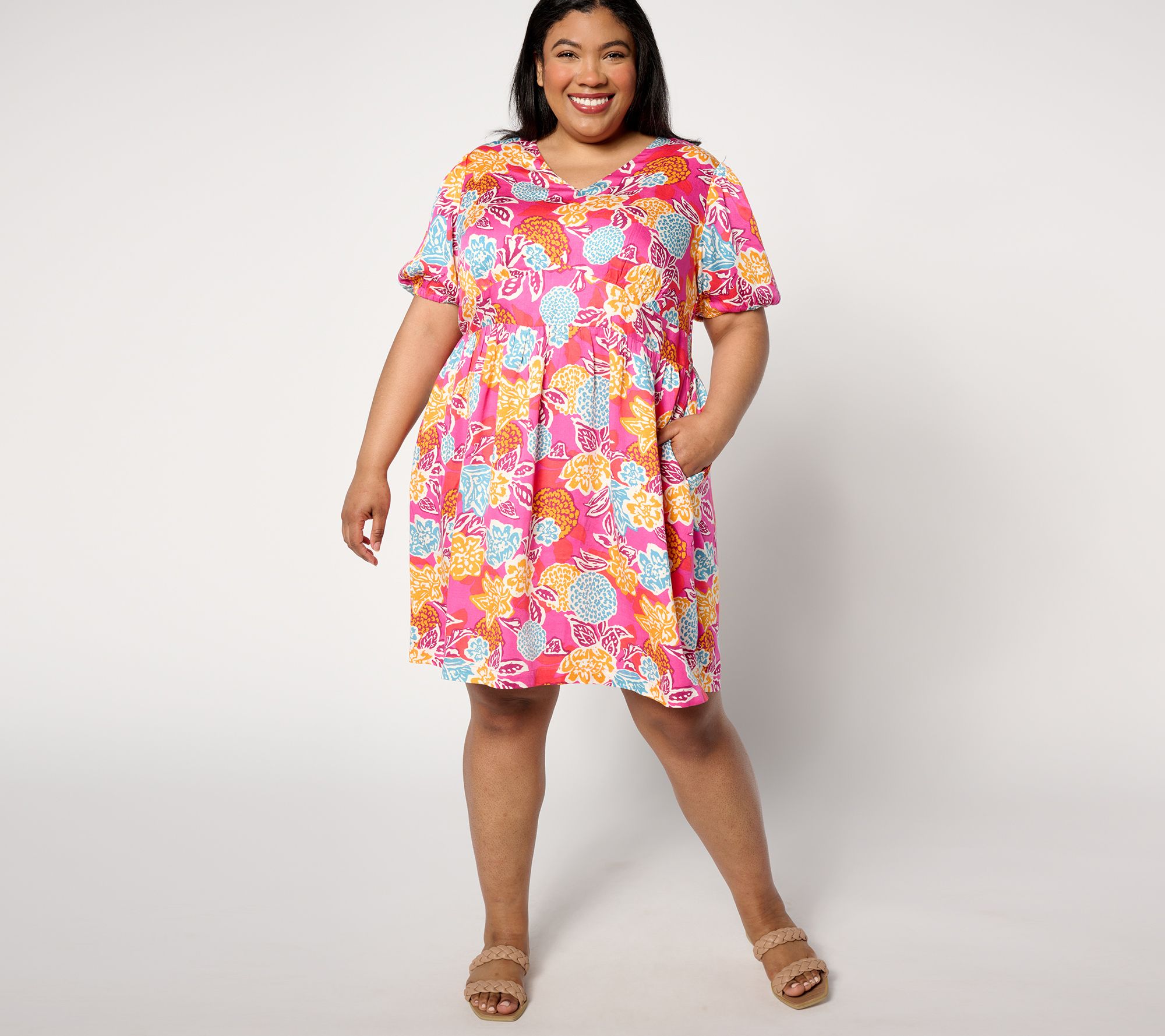 AnyBody Regular Printed Puff-Sleeve Woven Dress - QVC.com