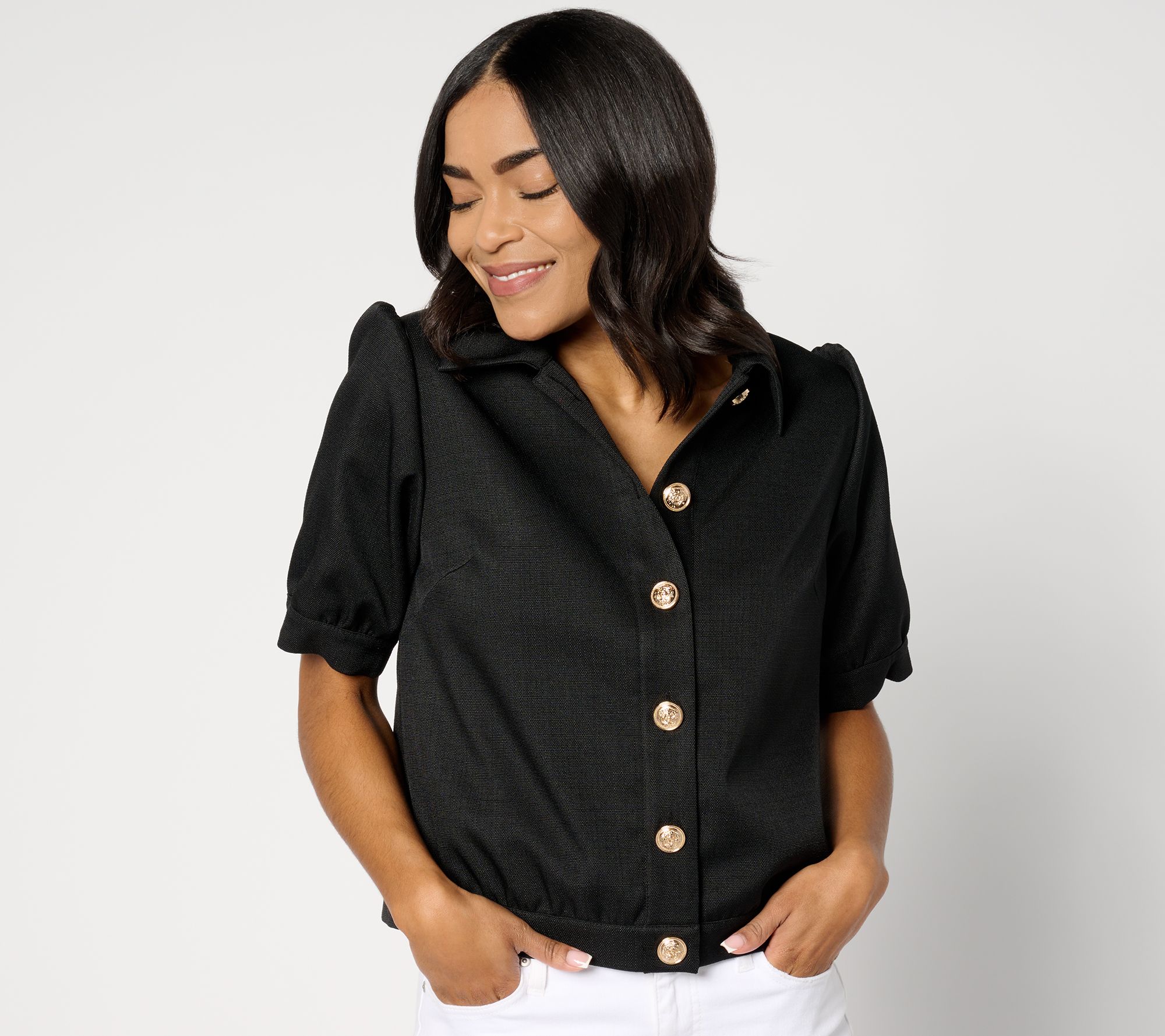 Dennis Basso Textured Short Sleeve Button Front Jacket