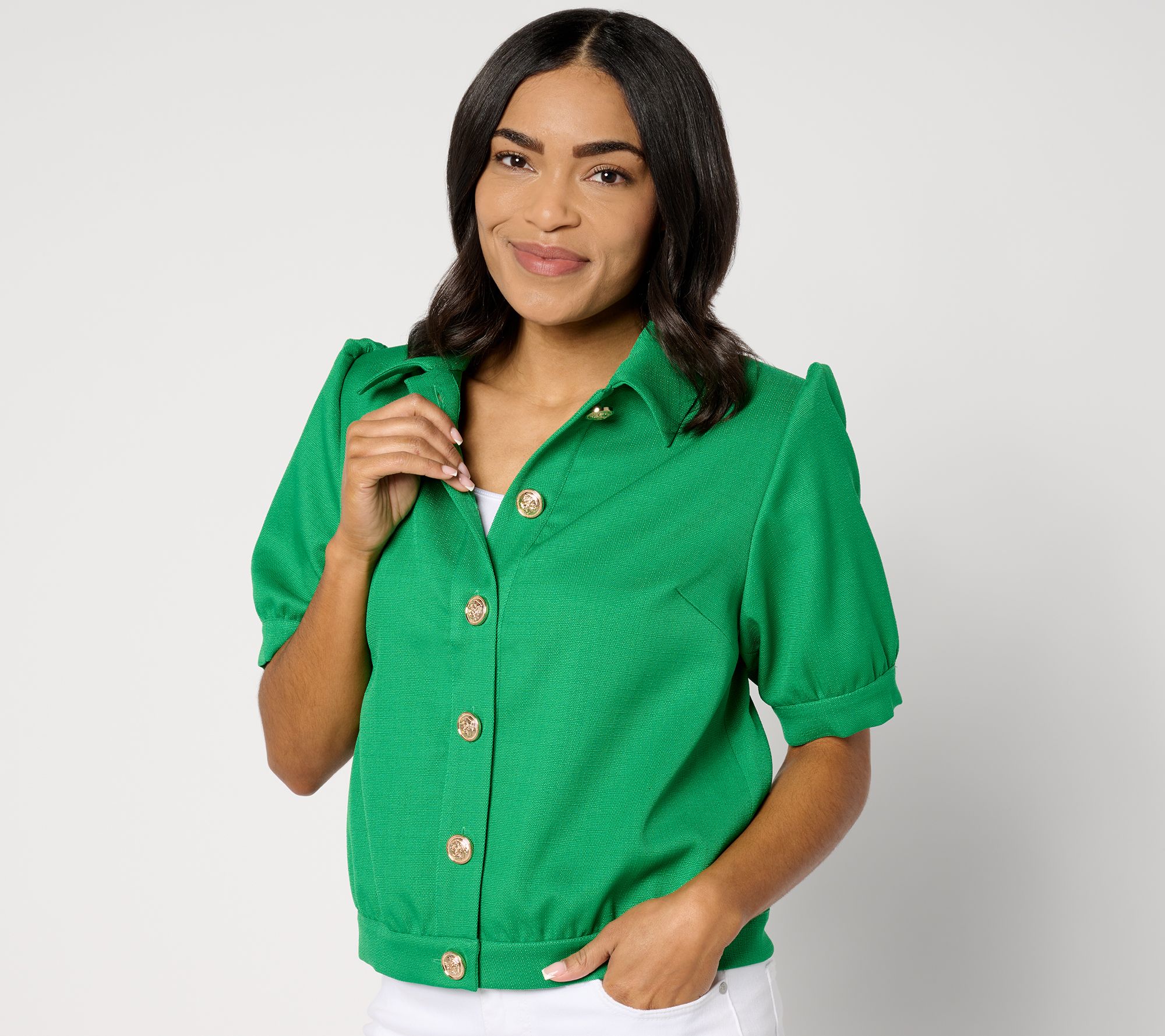 Dennis Basso Textured Short Sleeve Button Front Jacket
