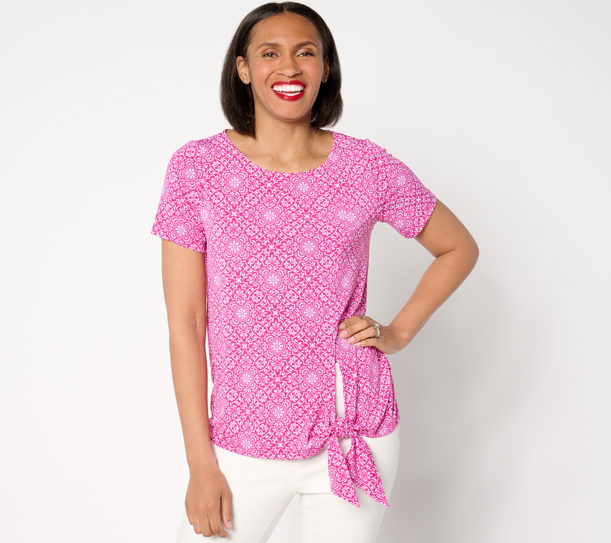 Susan Graver Printed Liquid Knit Side Tie Short Sleeve Top
