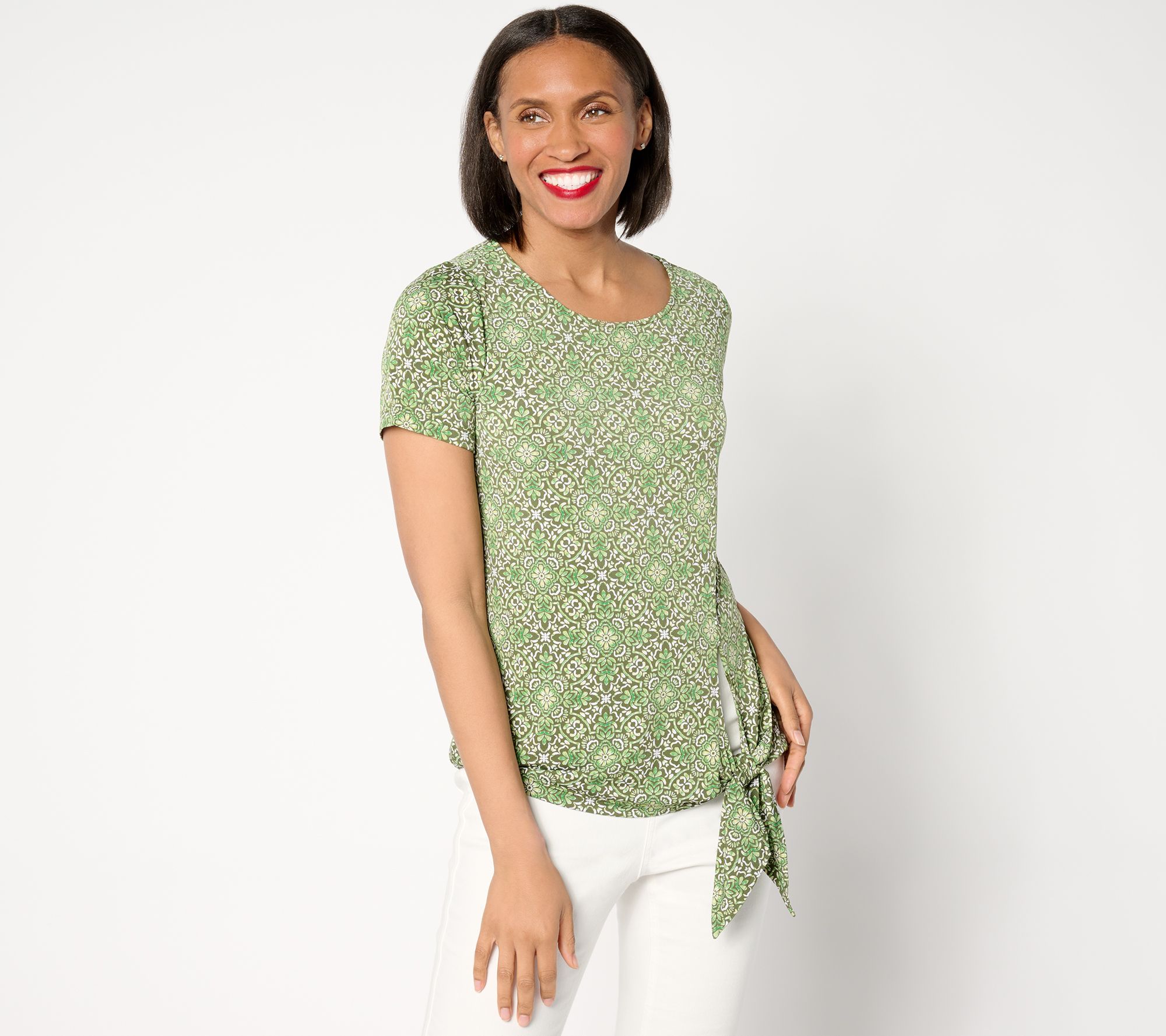 Susan Graver Printed Liquid Knit Side Tie Short Sleeve Top