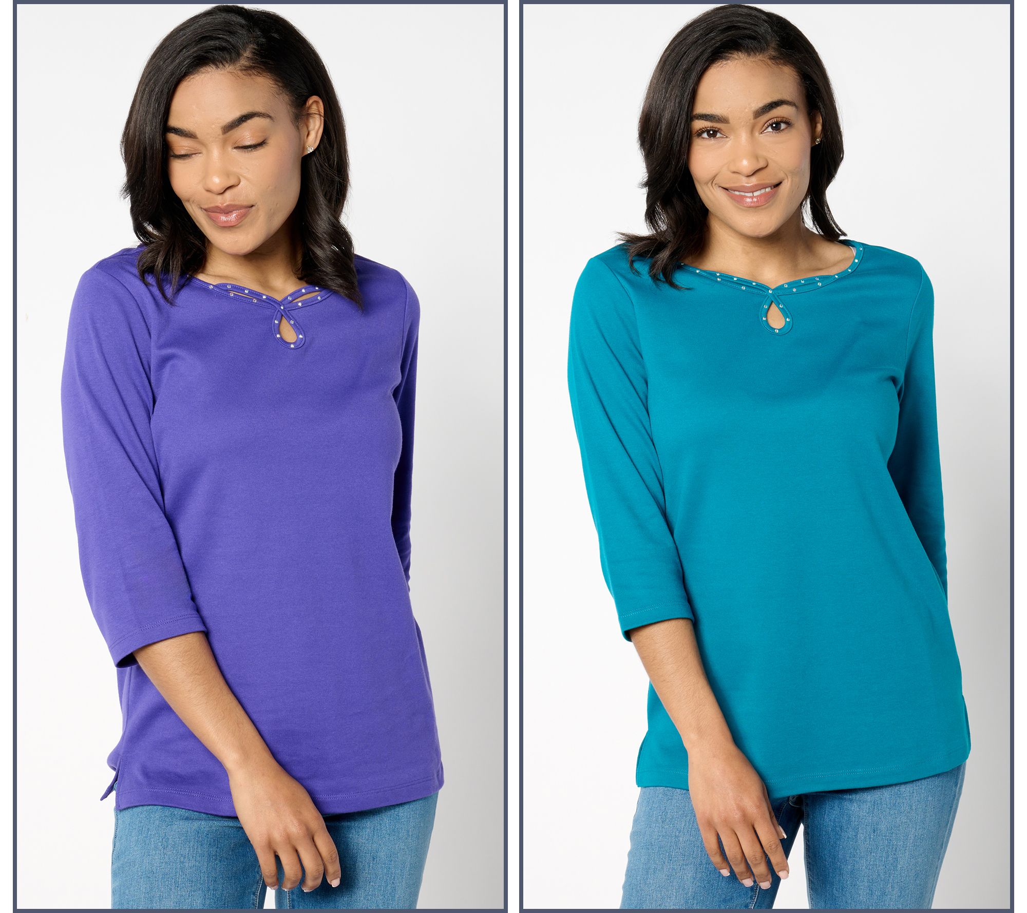 Quacker Factory Set of 2 Sparkle Keyhole 3/4-Sleeve Tops