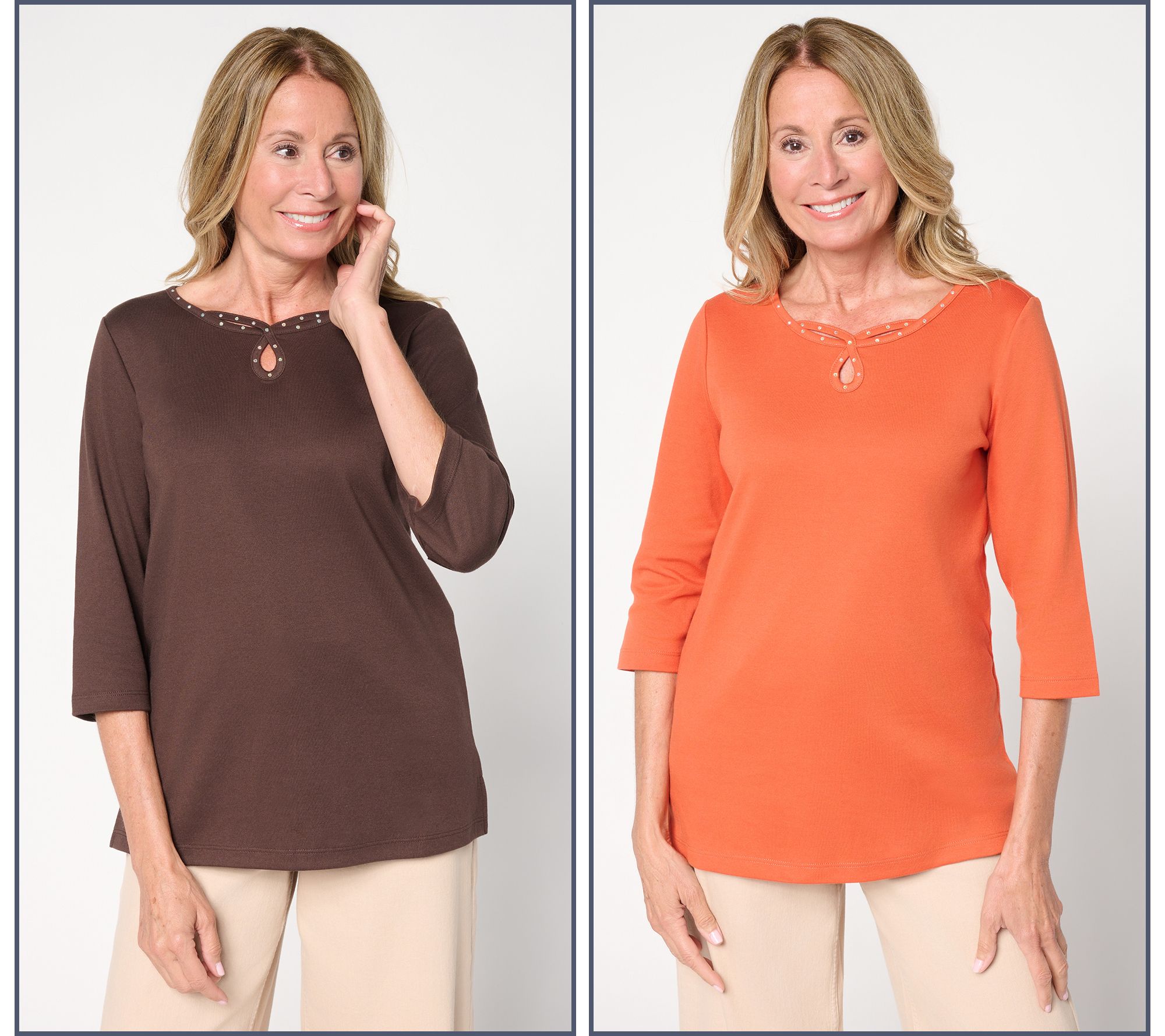 Quacker Factory Set of 2 Sparkle Keyhole 3/4-Sleeve Tops