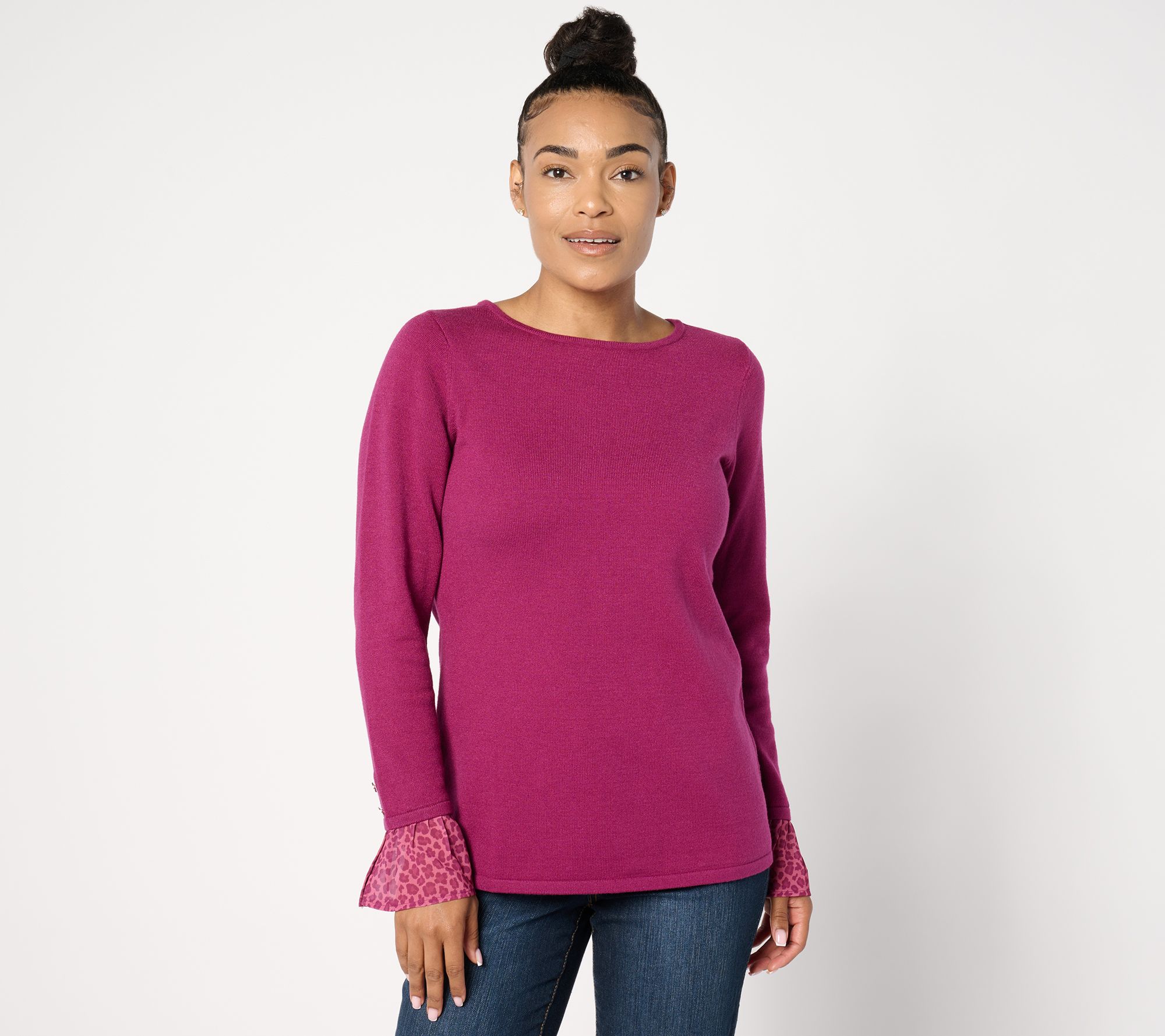 Susan Graver Fine Gauge Boatneck Sweater with Chiffon Ruffle