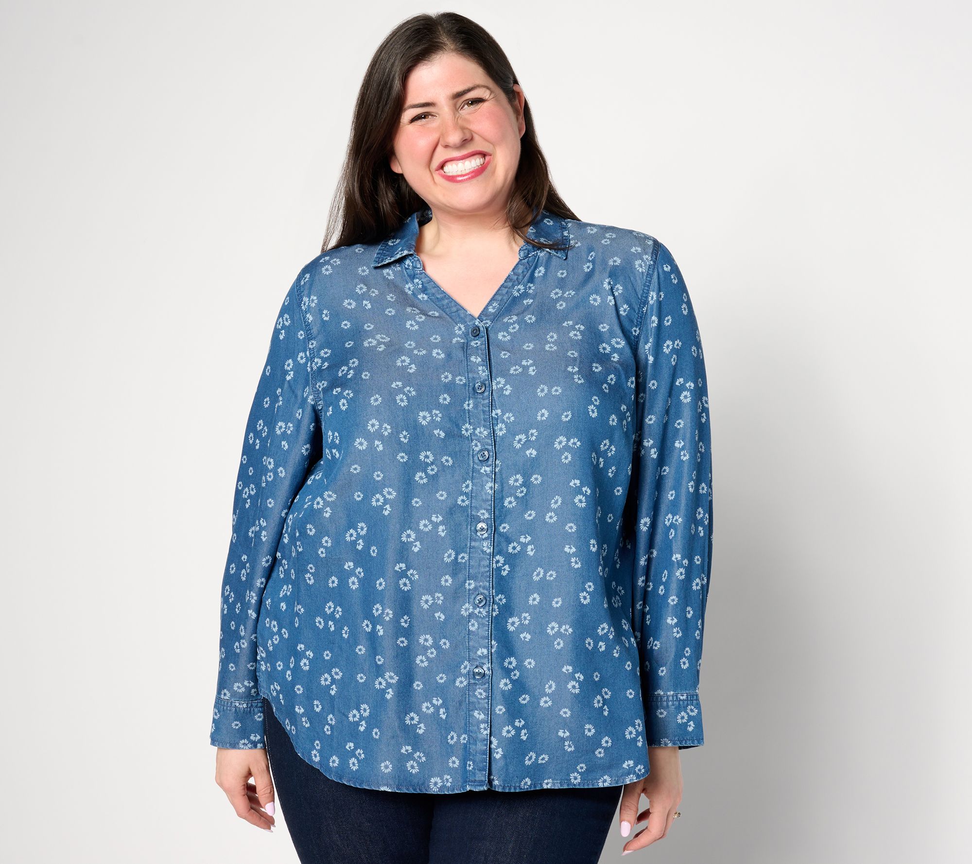 "As Is" Joan Rivers Button Front Y-Neck Floral Printed Denim Shirt