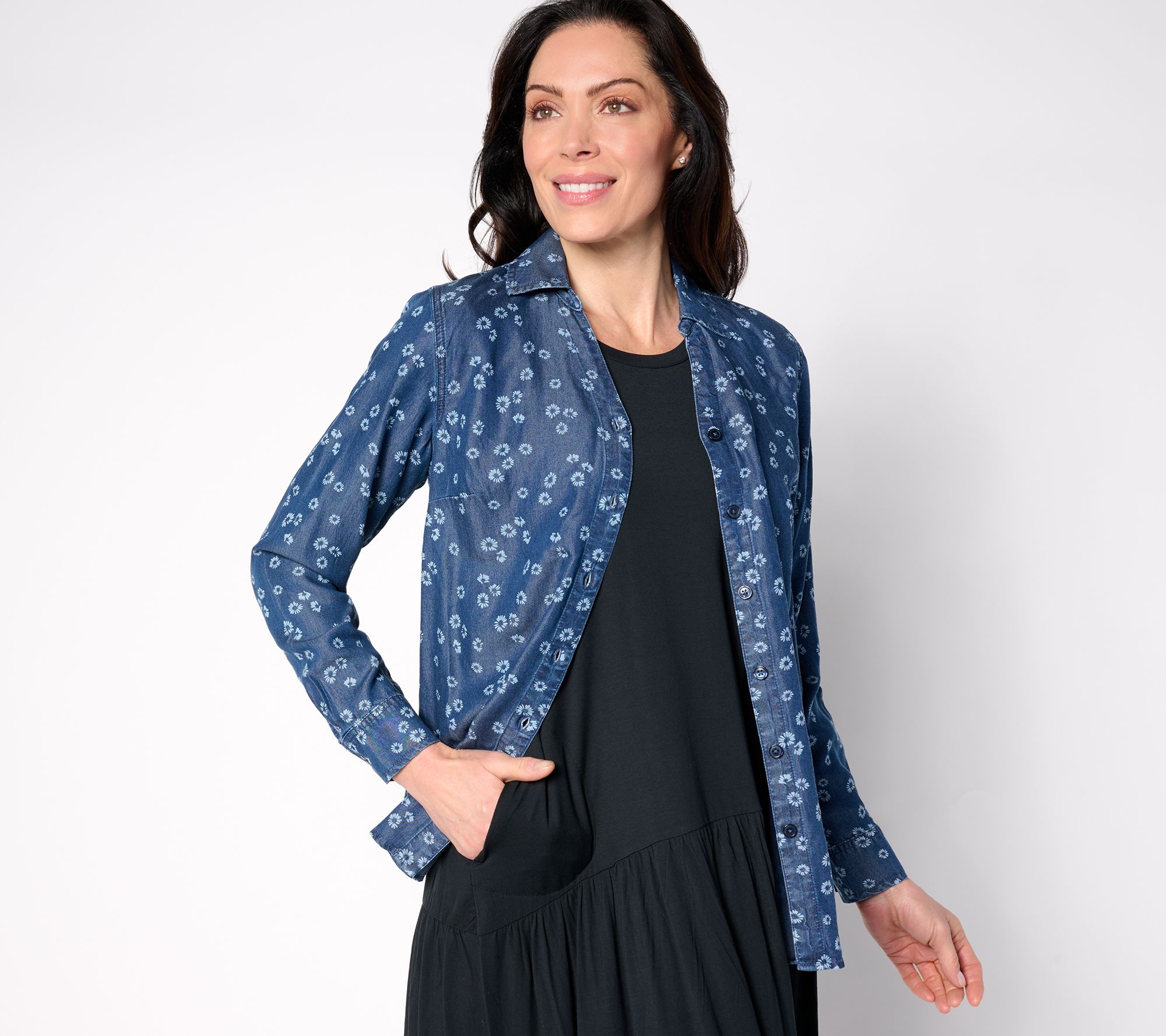 "As Is" Joan Rivers Button Front Y-Neck Floral Printed Denim Shirt