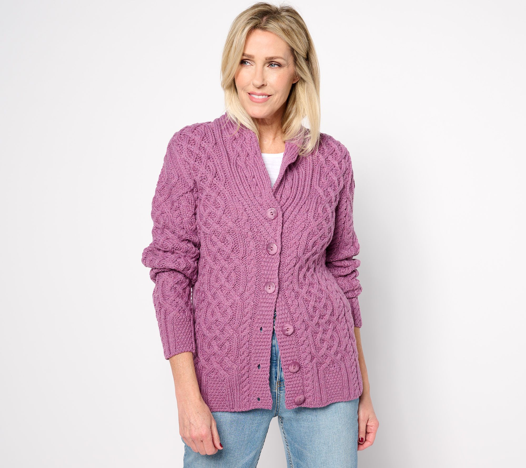 As Is Aran Craft Merino Wool V-Neck ButtonFront Cardigan