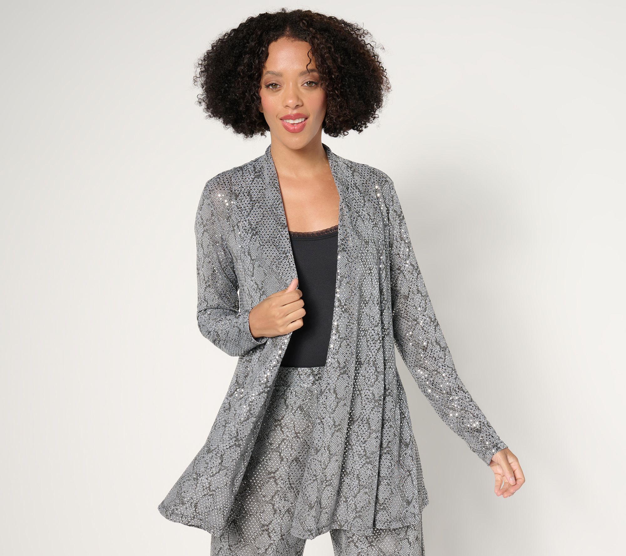 Susan Graver Occasions Pet Metallic Knit Foil Print Open Front Cardigan