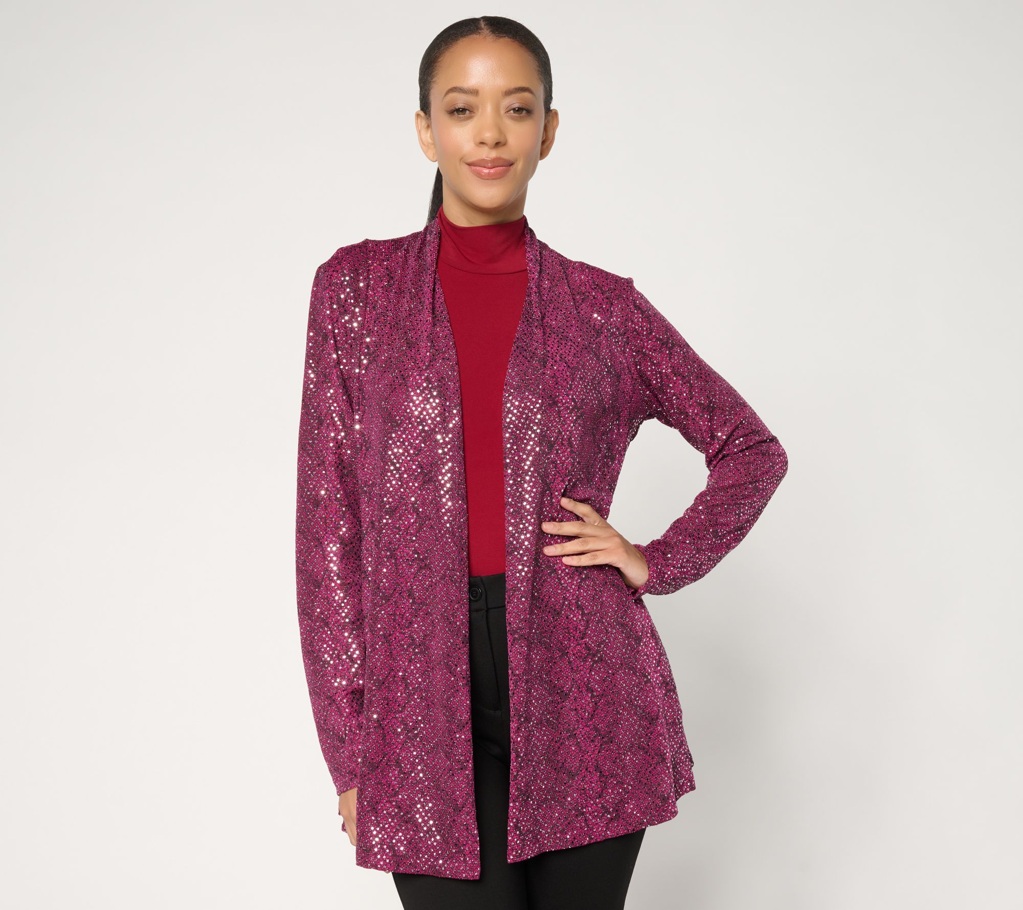 Susan Graver Occasions Pet Metallic Knit Foil Print Open Front Cardigan