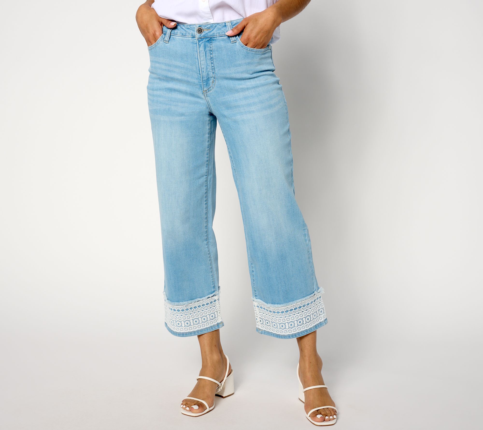 "As Is" Susan Graver Regular Stretch Denim Wide Leg Crop Jean w/Lace