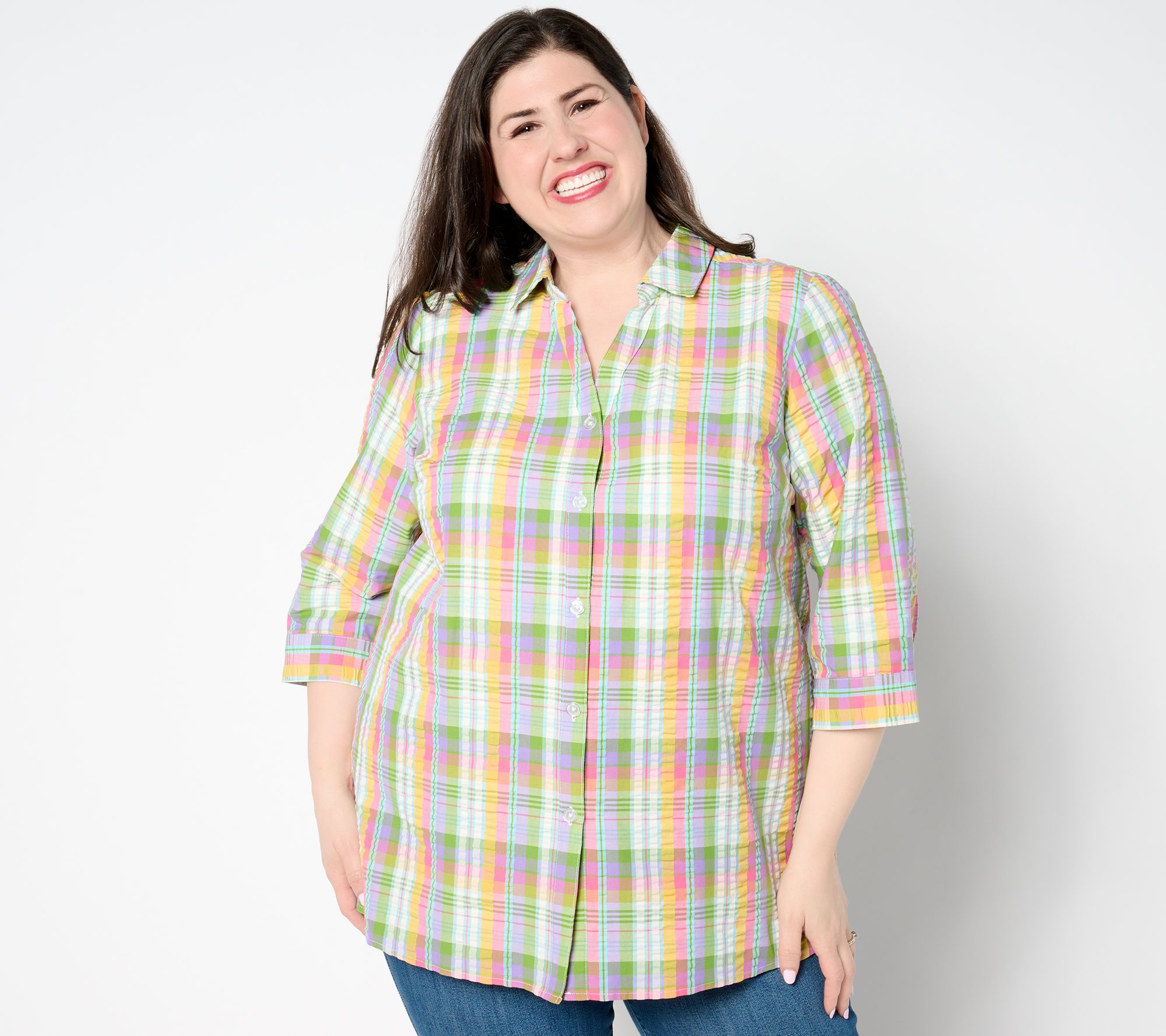 "As Is" Joan Rivers Seersucker Side Button Boyfriend Shirt