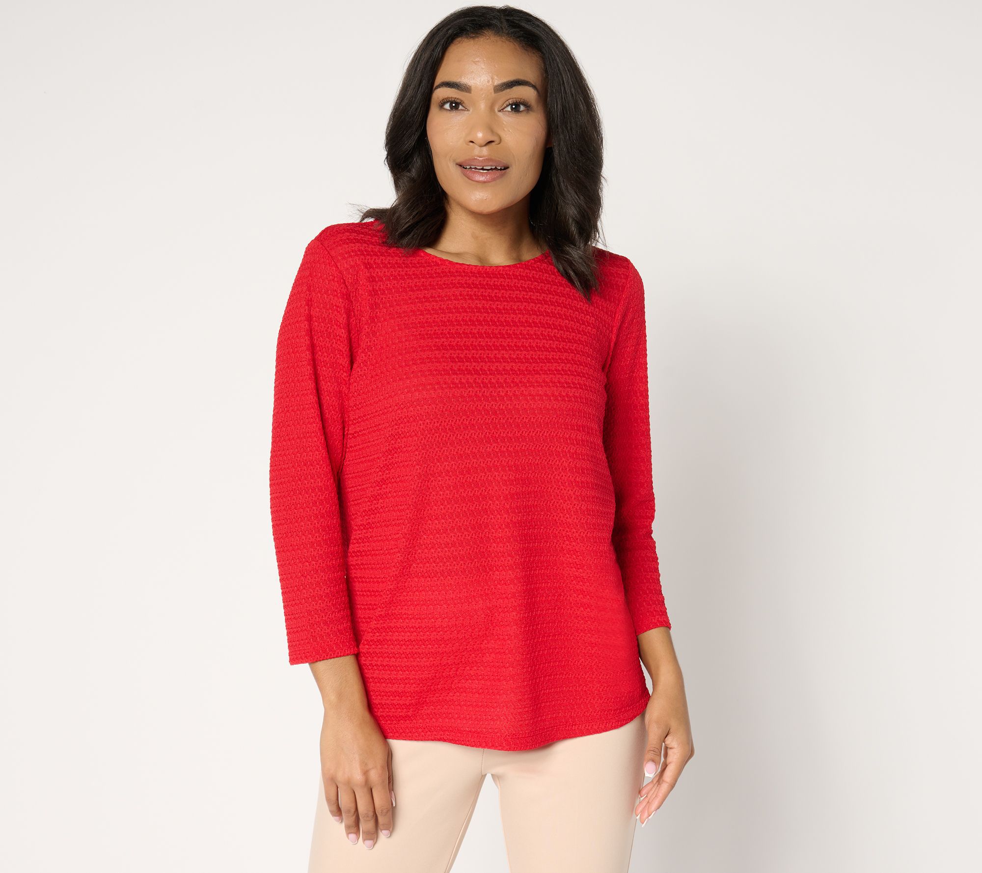 Susan Graver Novelty Knit Scoop Neck Top with 3/4 Sleeves