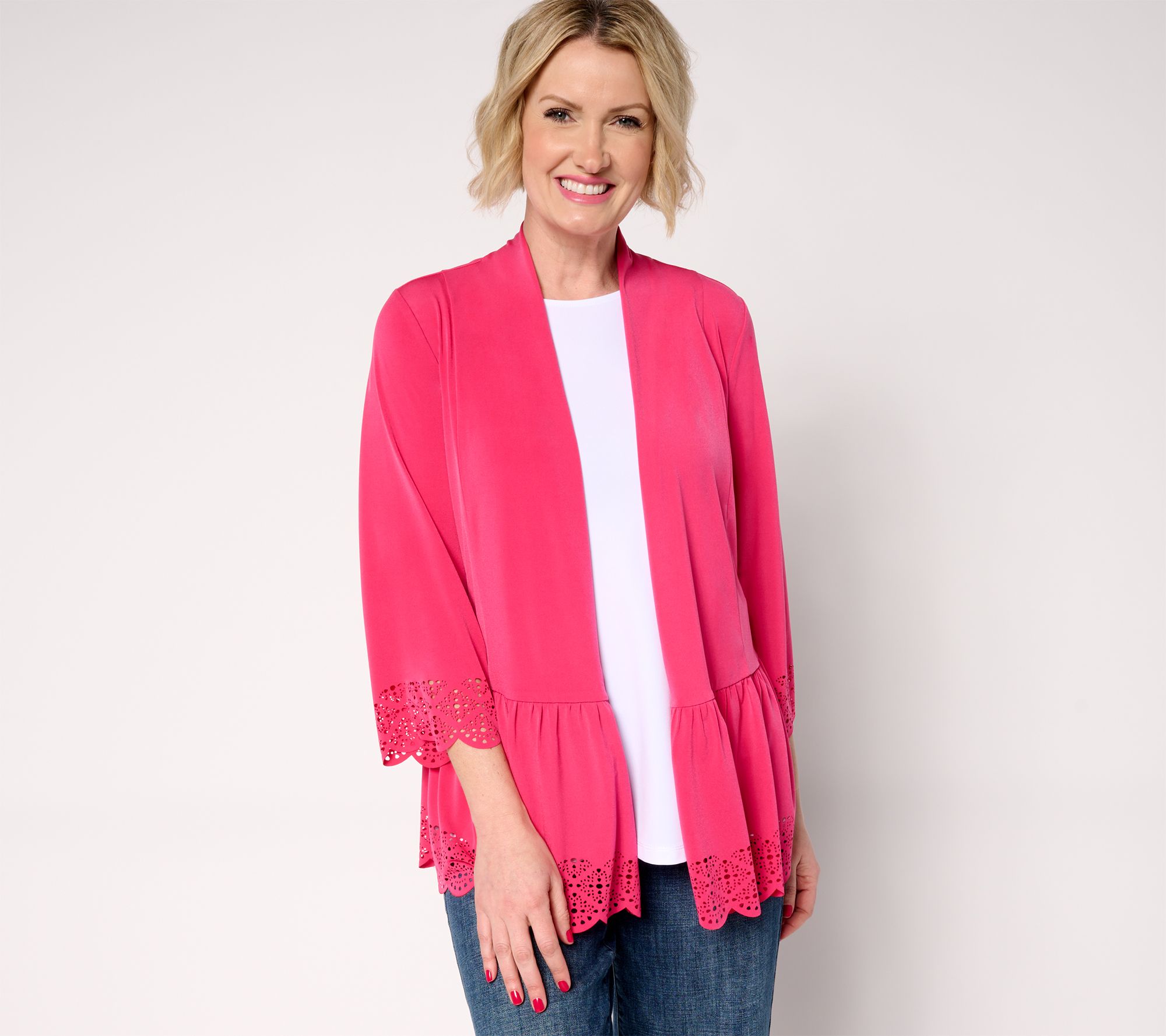 GRAVER Susan Graver Petite Liquid Knit Tiered Laser Cut Cardigan