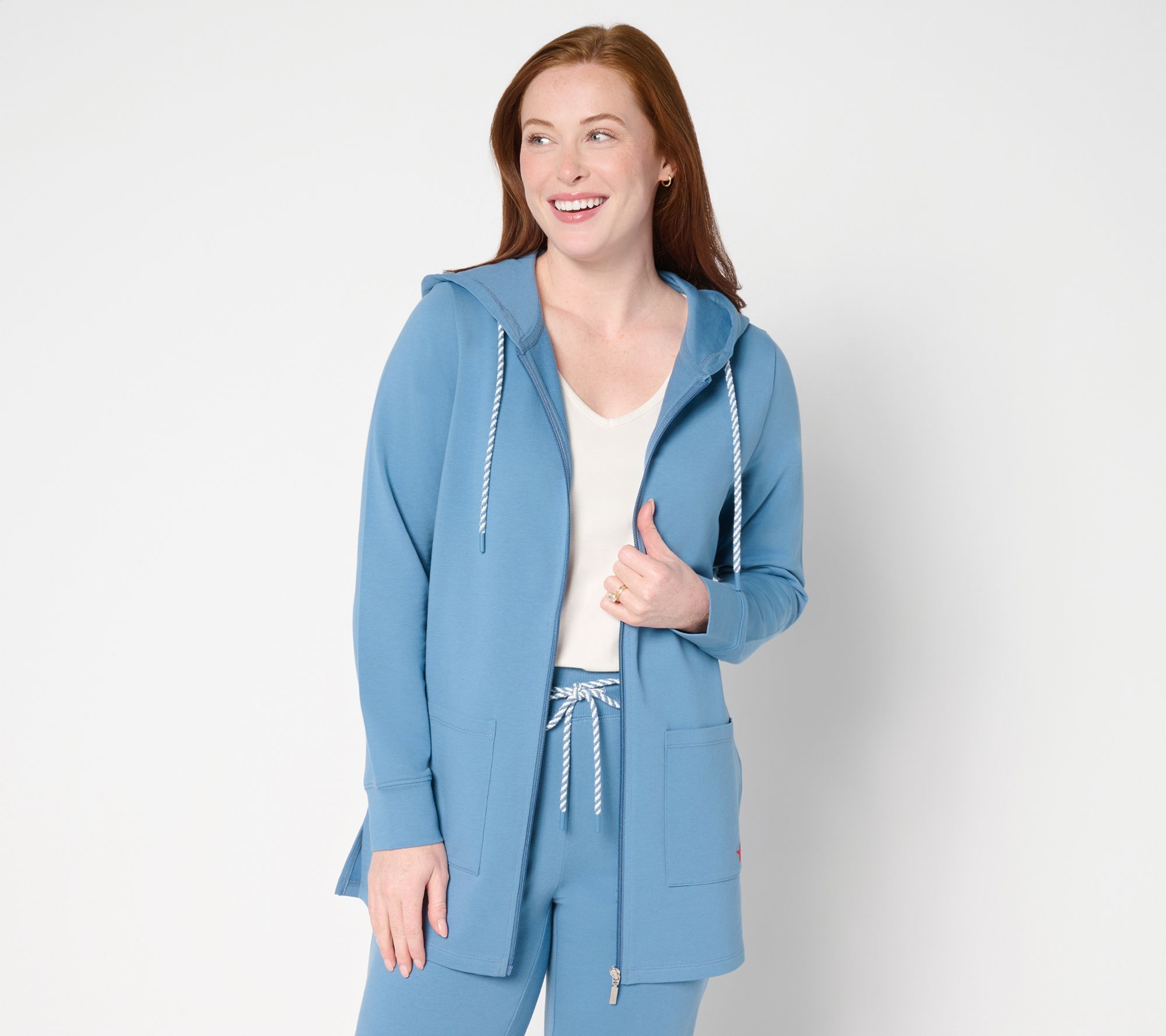 Denim & Co. Active Petite French Terry Zip-Up Tunic w/ Star Detail