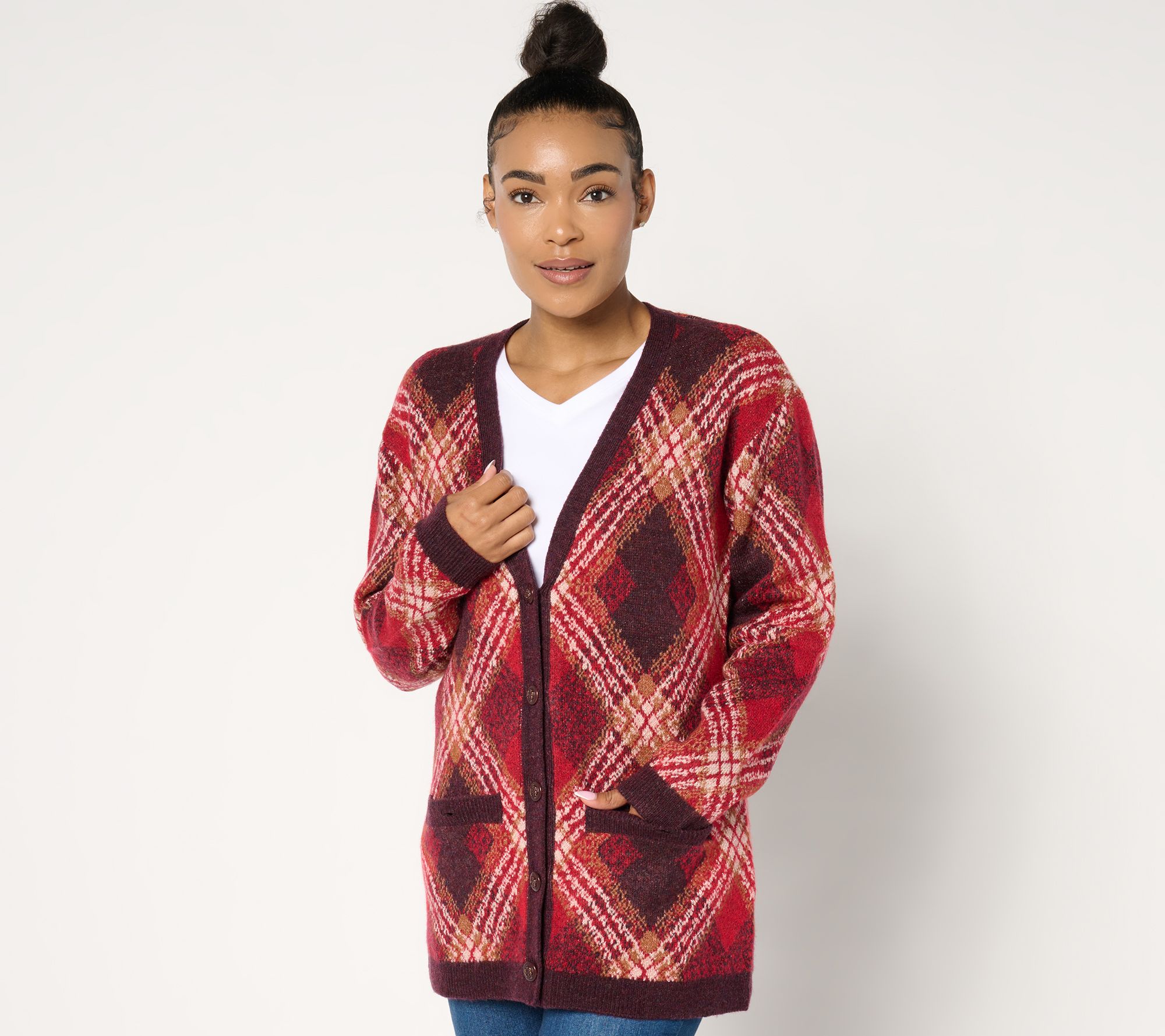 "As Is" Isaac Mizrahi Live! Estate Plaid Button Front Cardigan