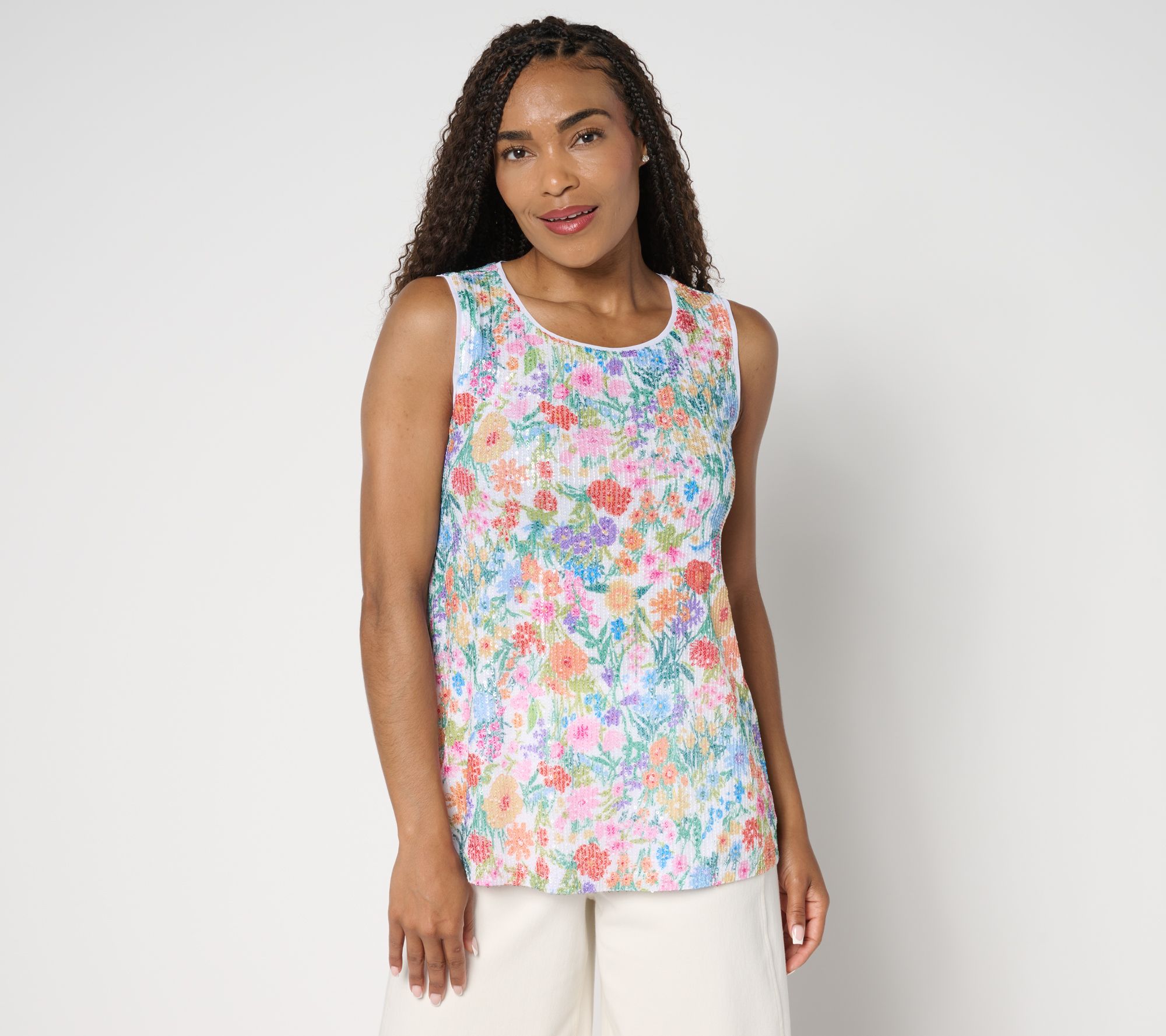 Susan Graver Printed Sequin Knit Lined Scoop-Neck Sleeveless Top