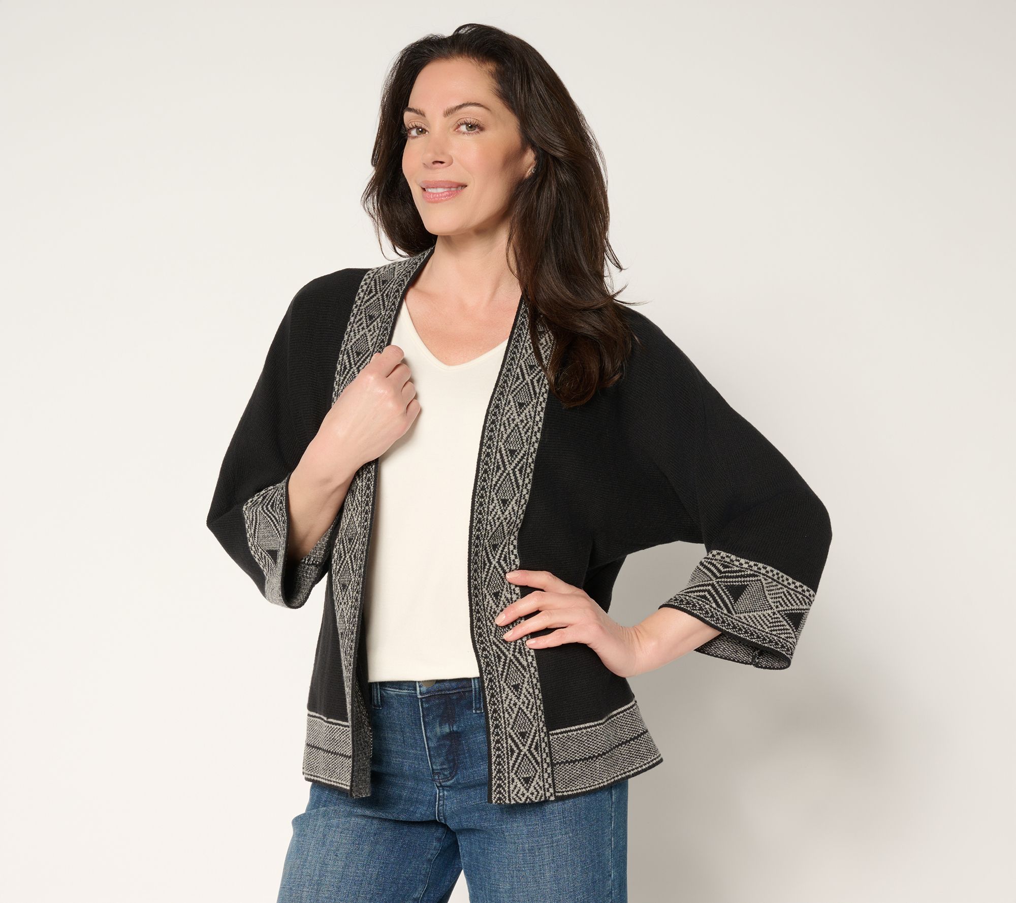 Belle Boho by Kim Gravel Border Trim Open Front Cardigan