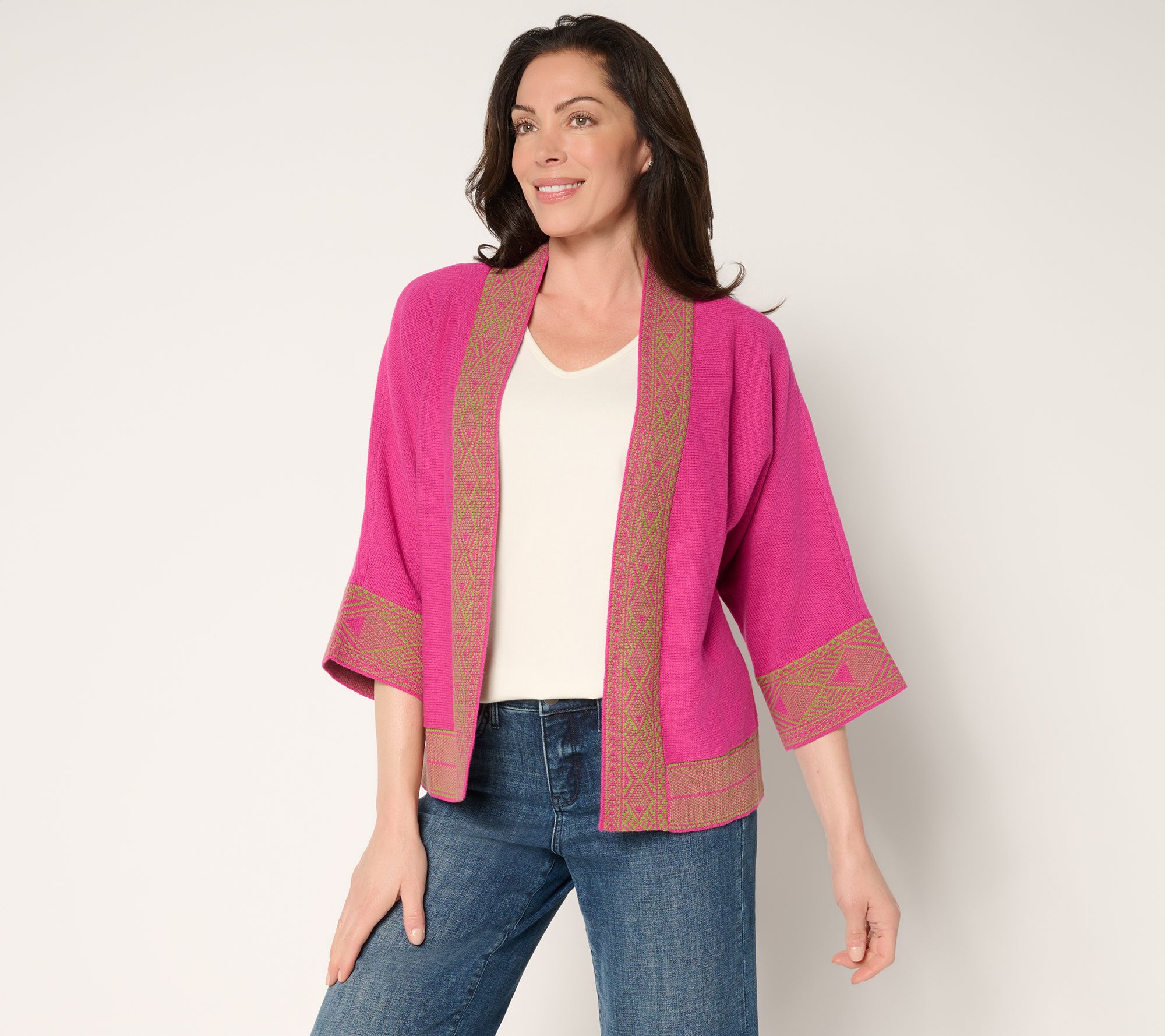 Belle Boho by Kim Gravel Border Trim Open Front Cardigan