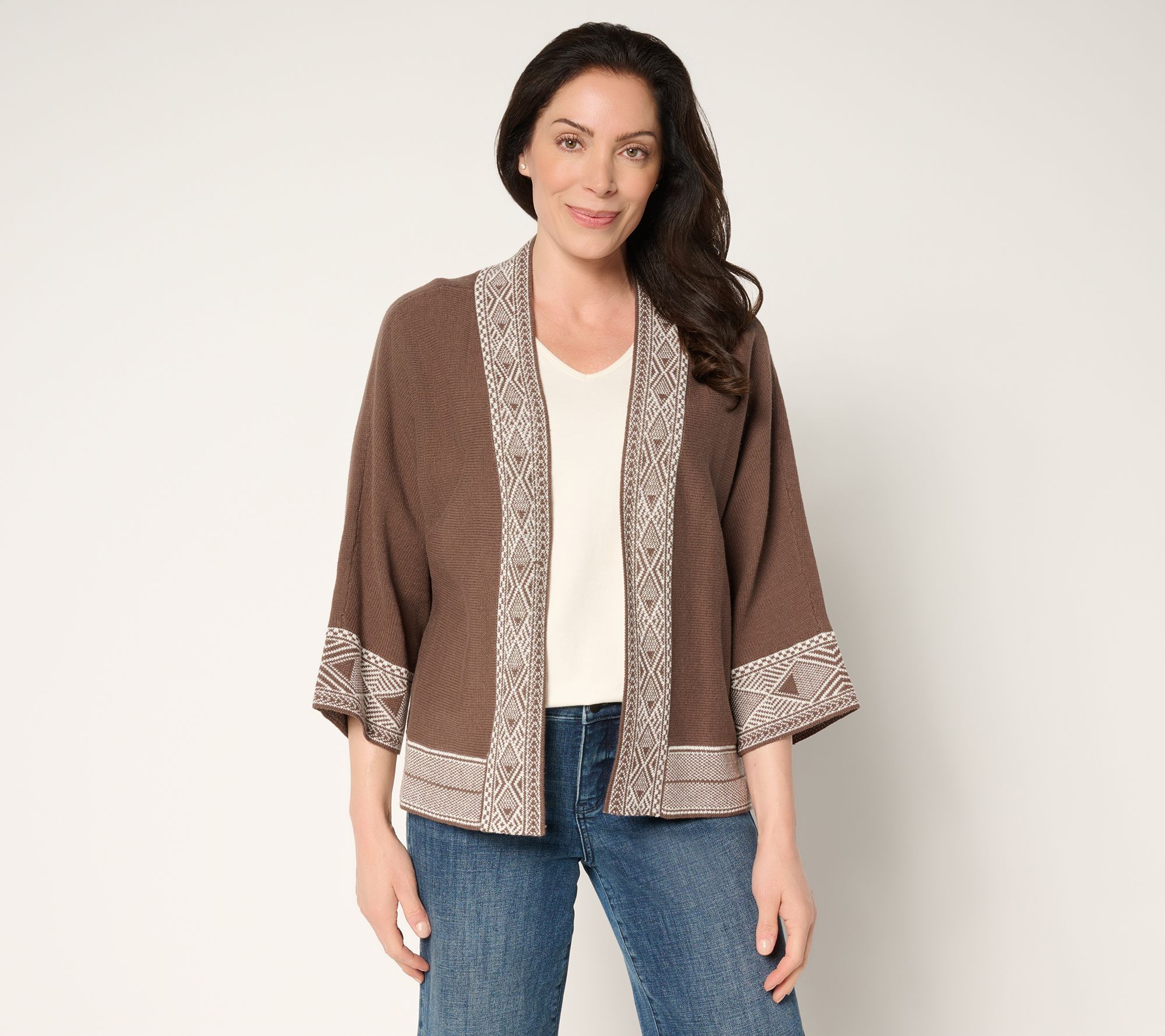 Belle Boho by Kim Gravel Border Trim Open Front Cardigan