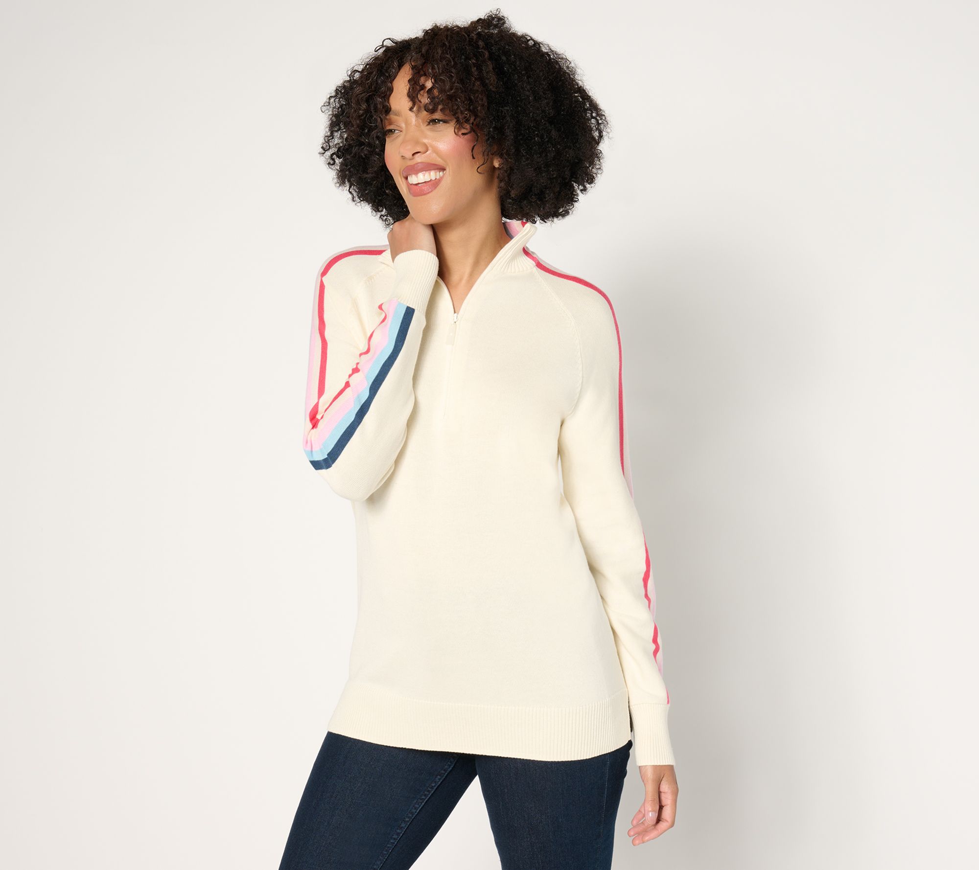 "As Is" Belle by Kim Gravel Sporty Stripe Half Zip Sweater
