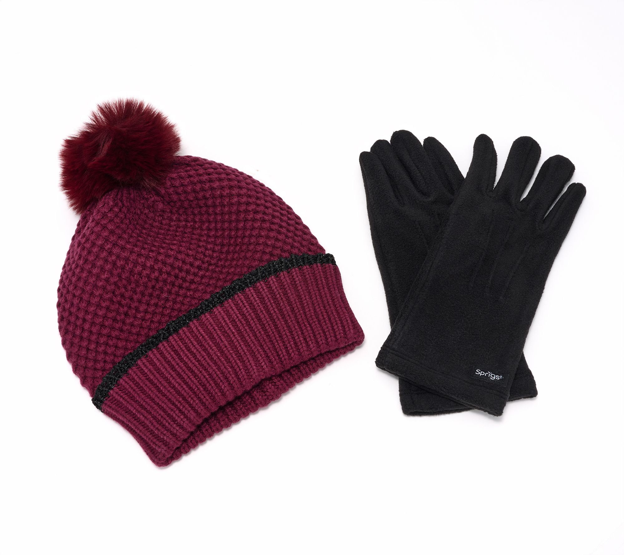  Sprigs Textured Knit Pom-Pom Beanie & Touch Screen Gloves Set