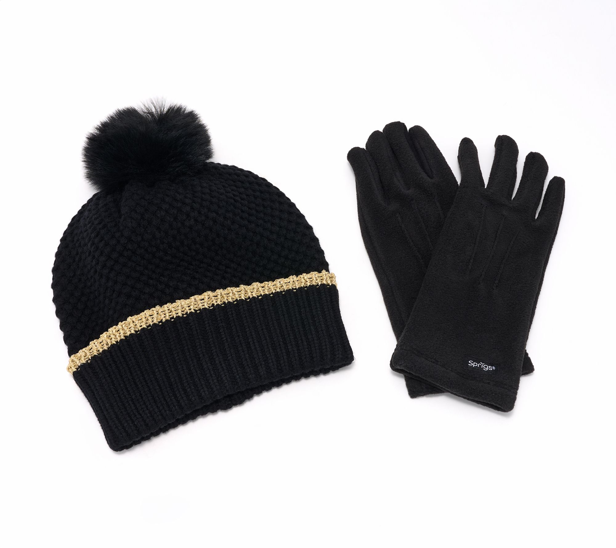 Sprigs Textured Knit Pom-Pom Beanie & Touch Screen Gloves Set