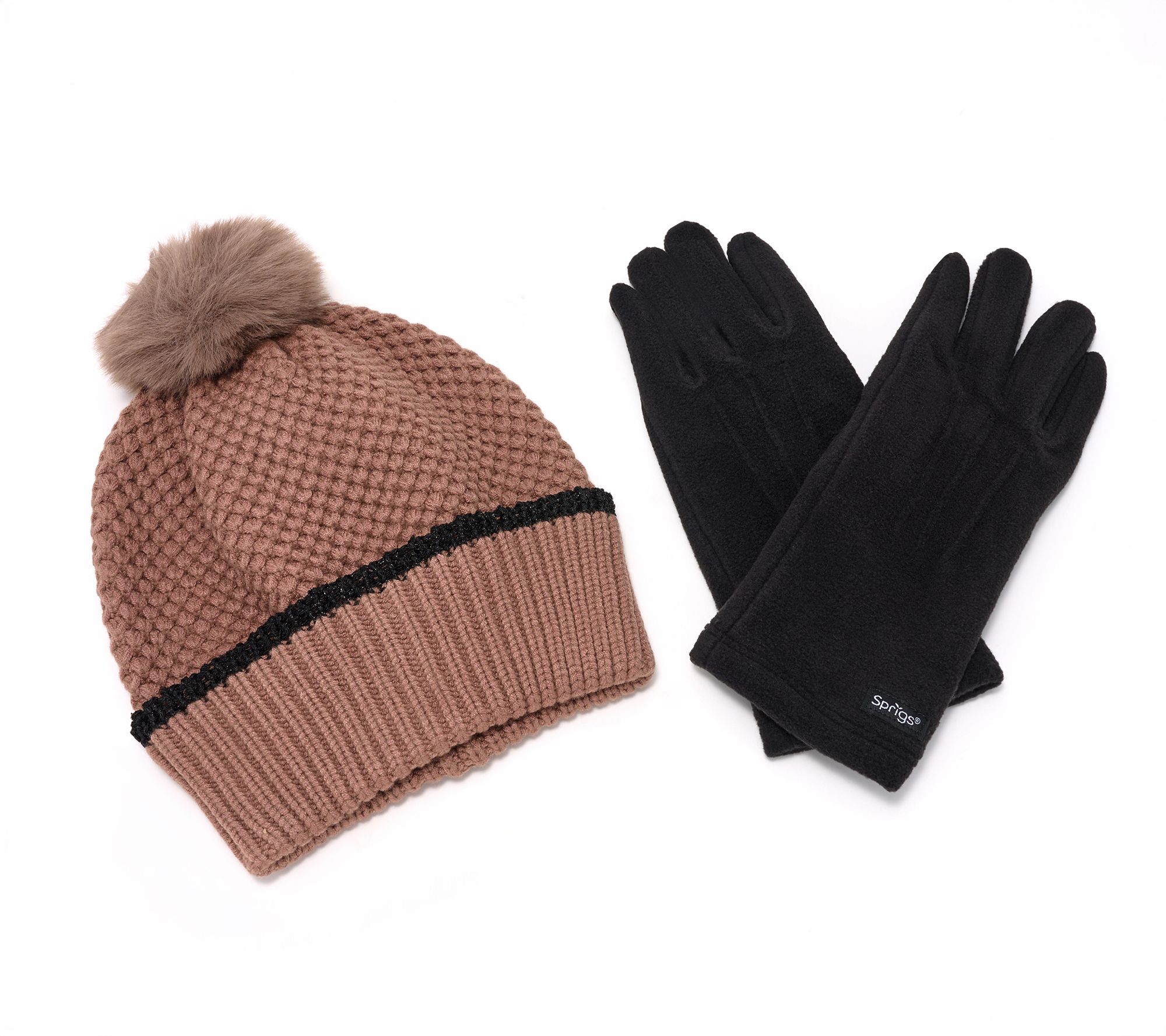 Sprigs Textured Knit Pom-Pom Beanie & Touch Screen Gloves Set