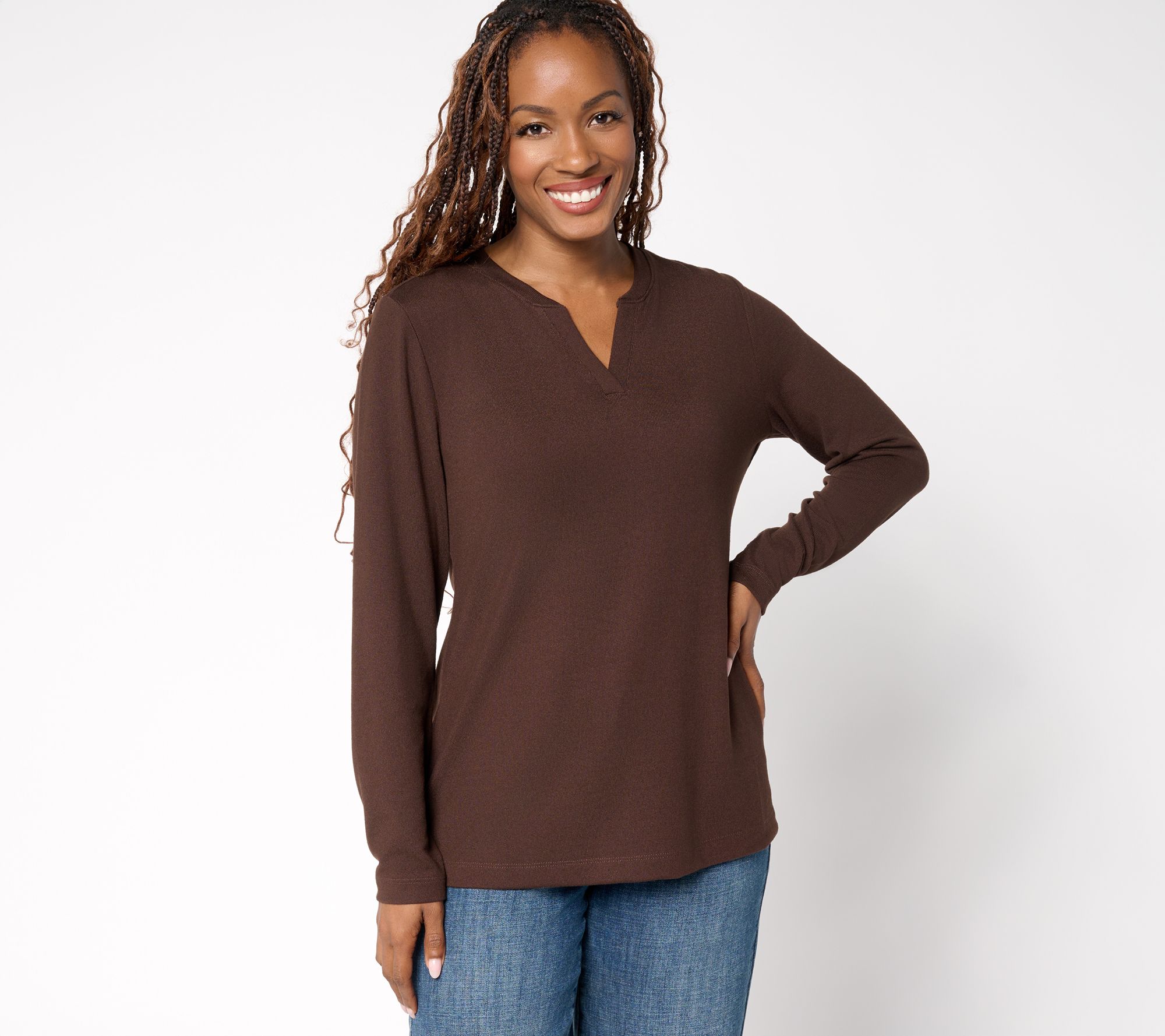 Denim & Co. Essentials Heavenly Jersey Split Neck Top