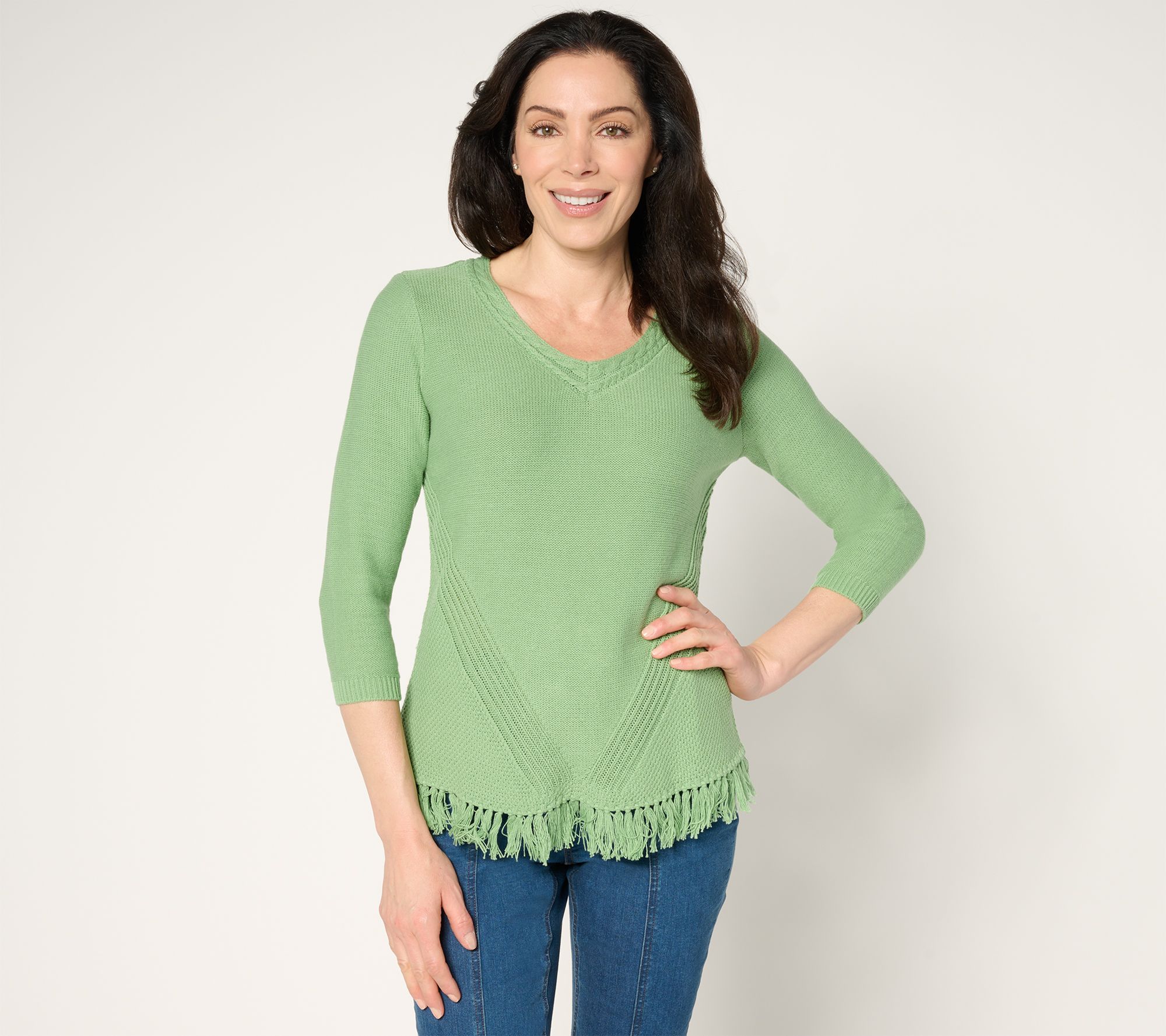 "As Is" Susan Graver V-Neck Sweater with Fringe