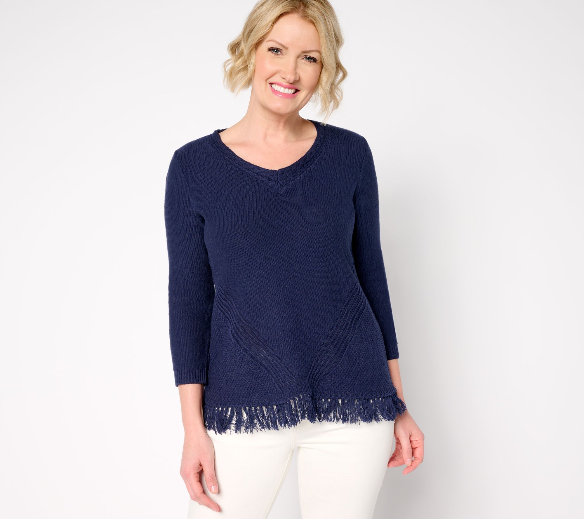 "As Is" Susan Graver V-Neck Sweater with Fringe