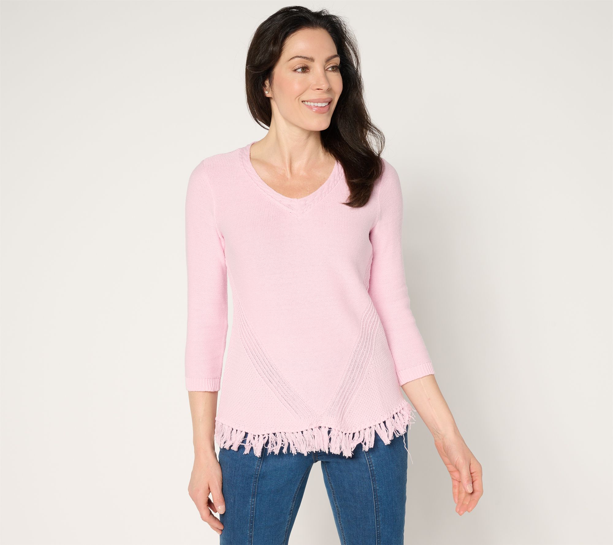 "As Is" Susan Graver V-Neck Sweater with Fringe