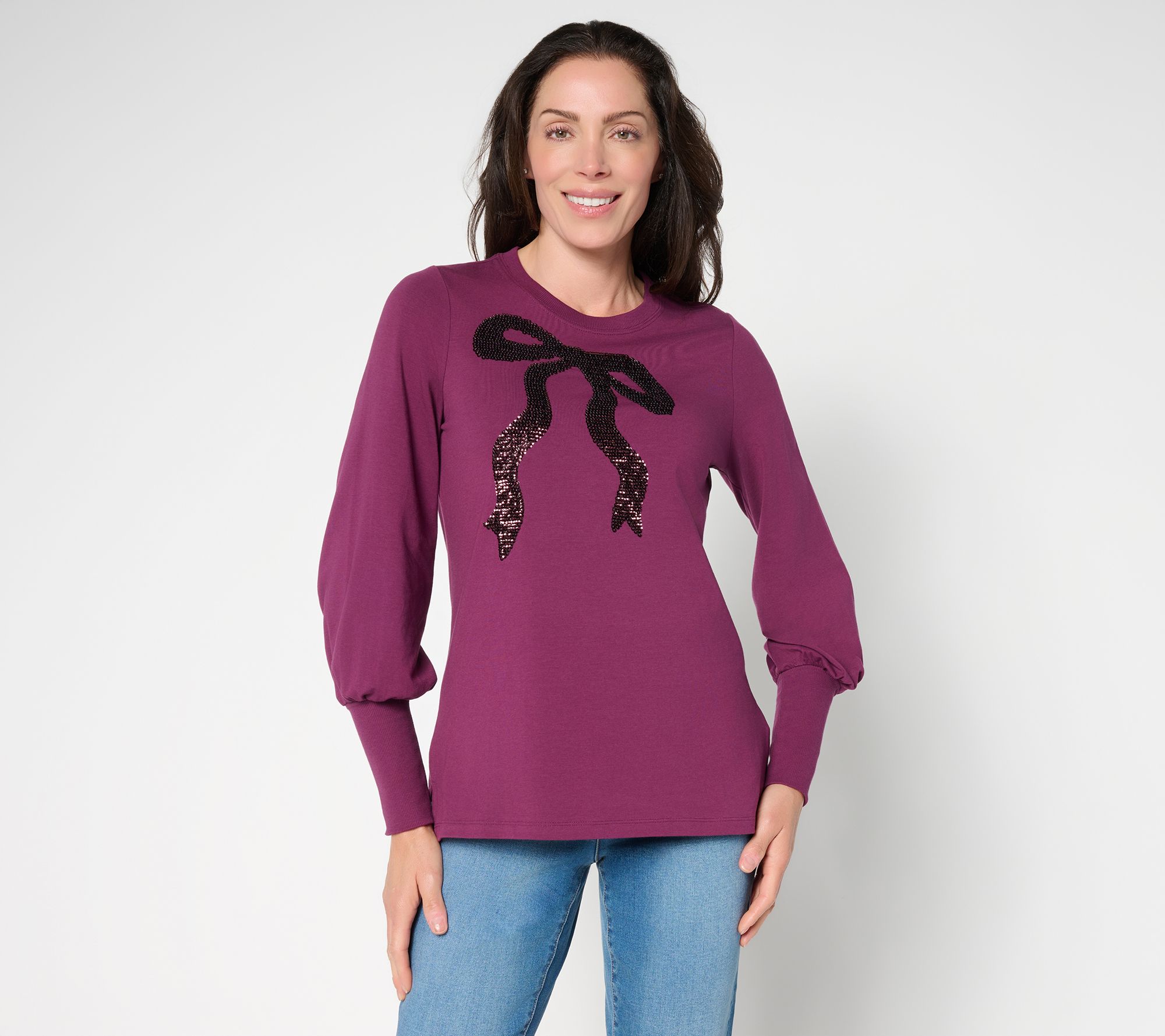 Jingle Belles by Kim Gravel TripleLuxe Knit Bow and Behold Sequin Top