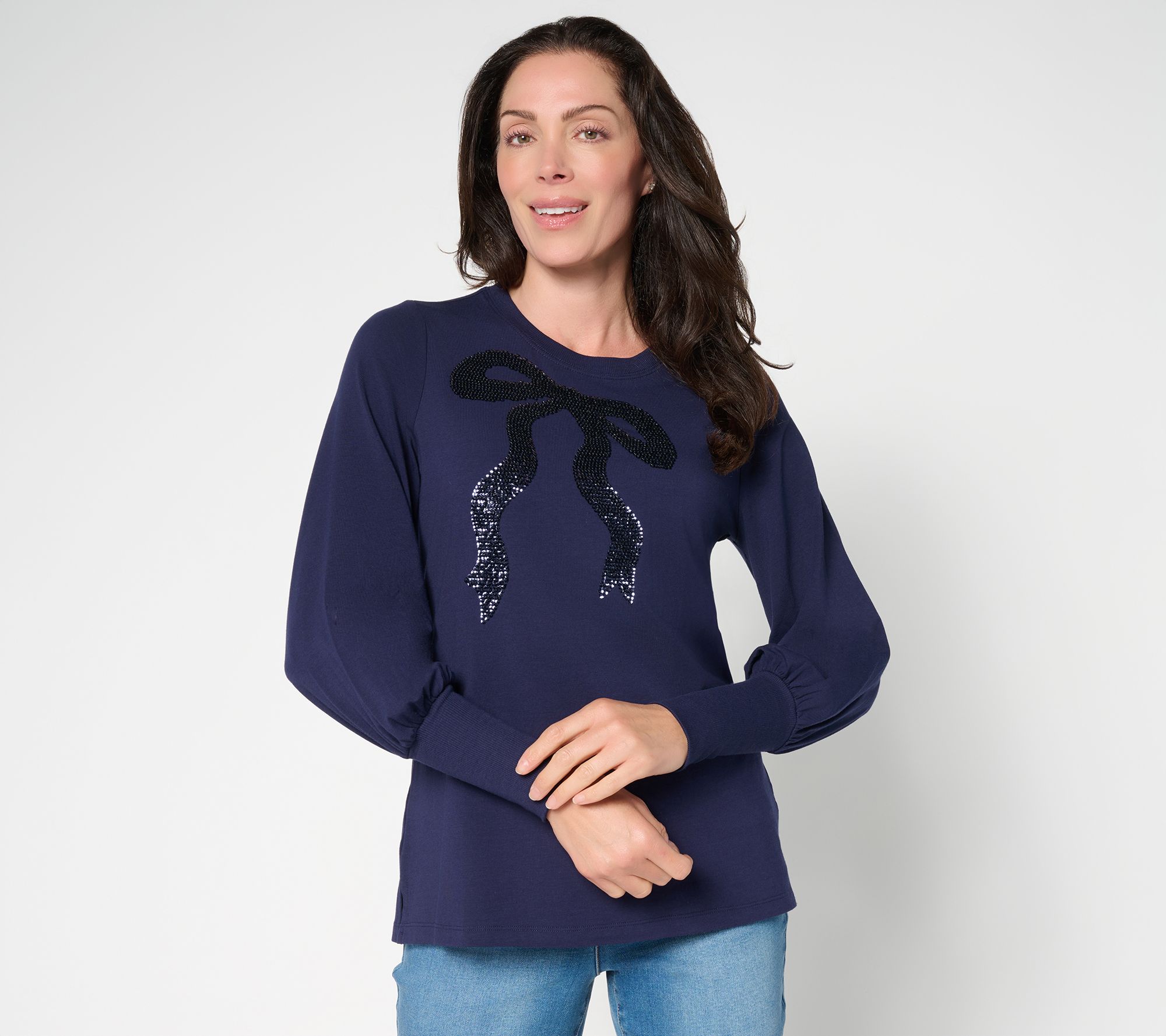 Jingle Belles by Kim Gravel TripleLuxe Knit Bow and Behold Sequin Top