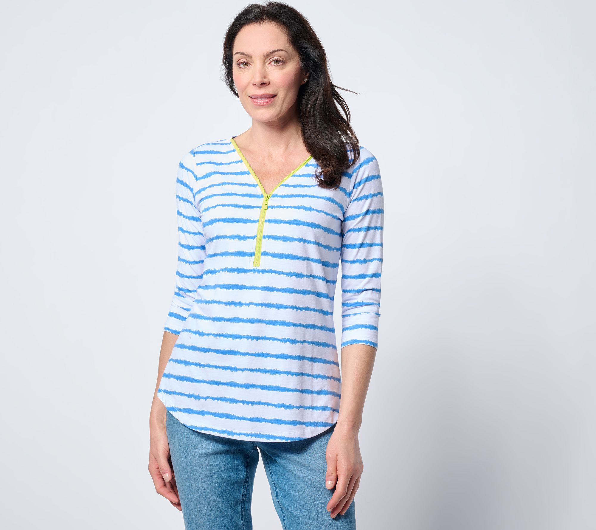 "As Is" Belle by Kim Gravel Signature Zip Pop of Neon Striped Top