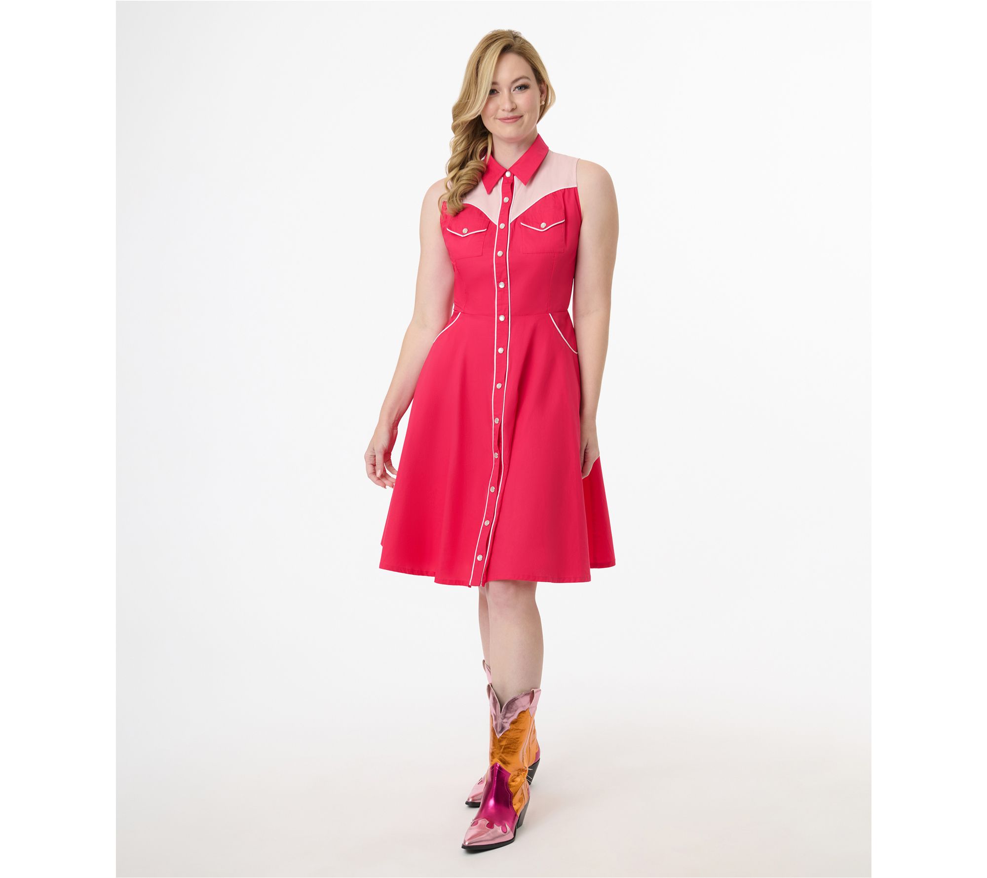 Unique Vintage 1950s Pink Western Cotton FlareDress