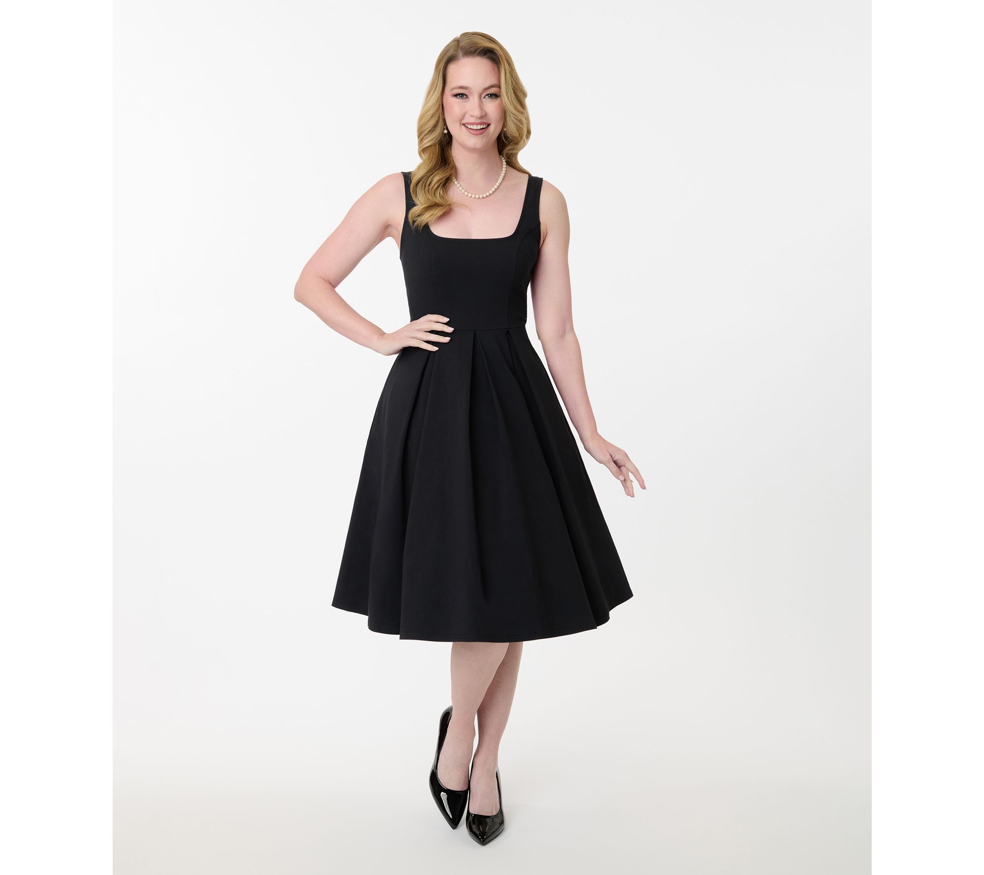 Unique Vintage Black Square Neck Pleated SwingDress