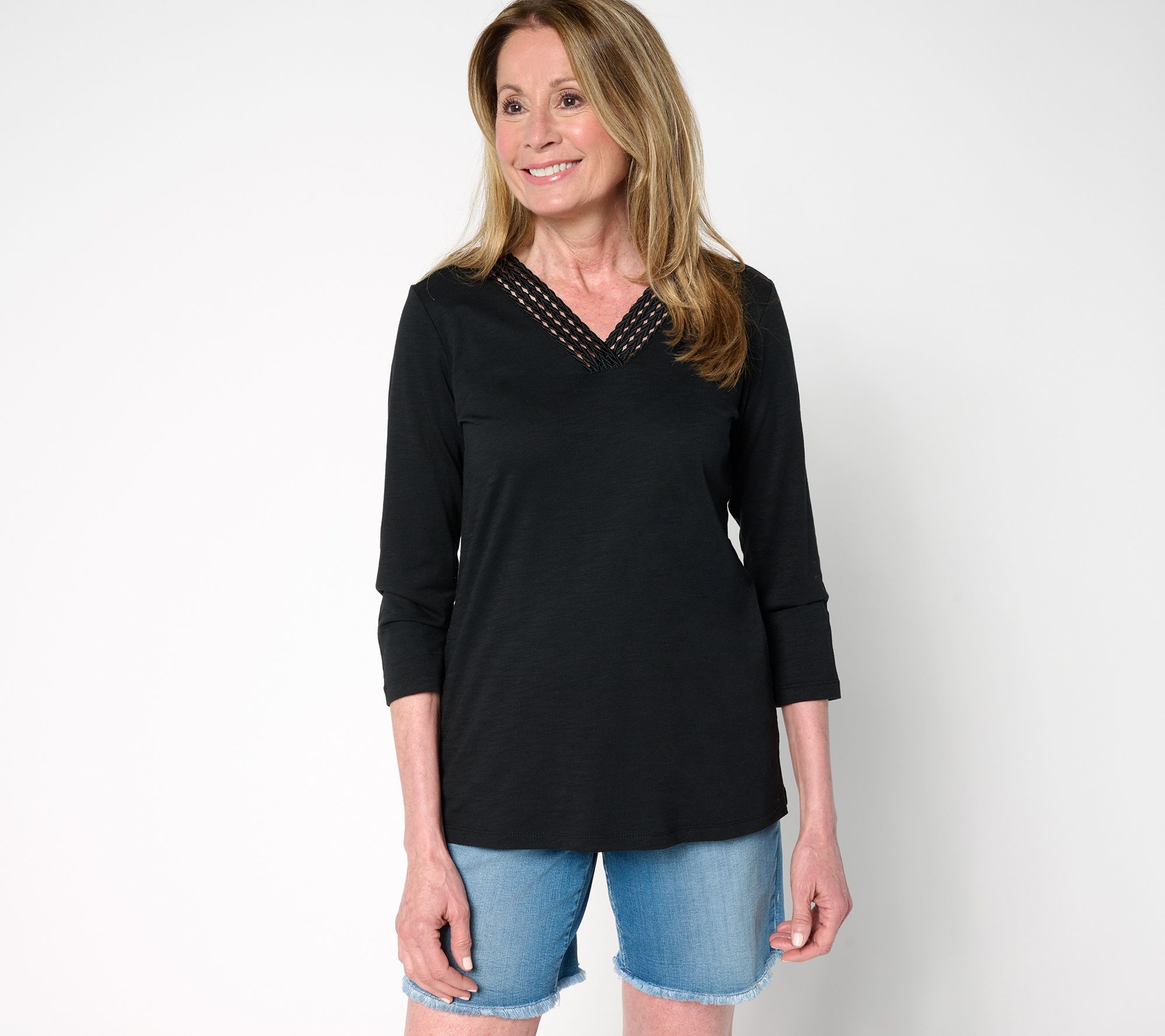 "As Is" Belle by Kim Gravel Slub Knit Braided Beauty V Neck Top