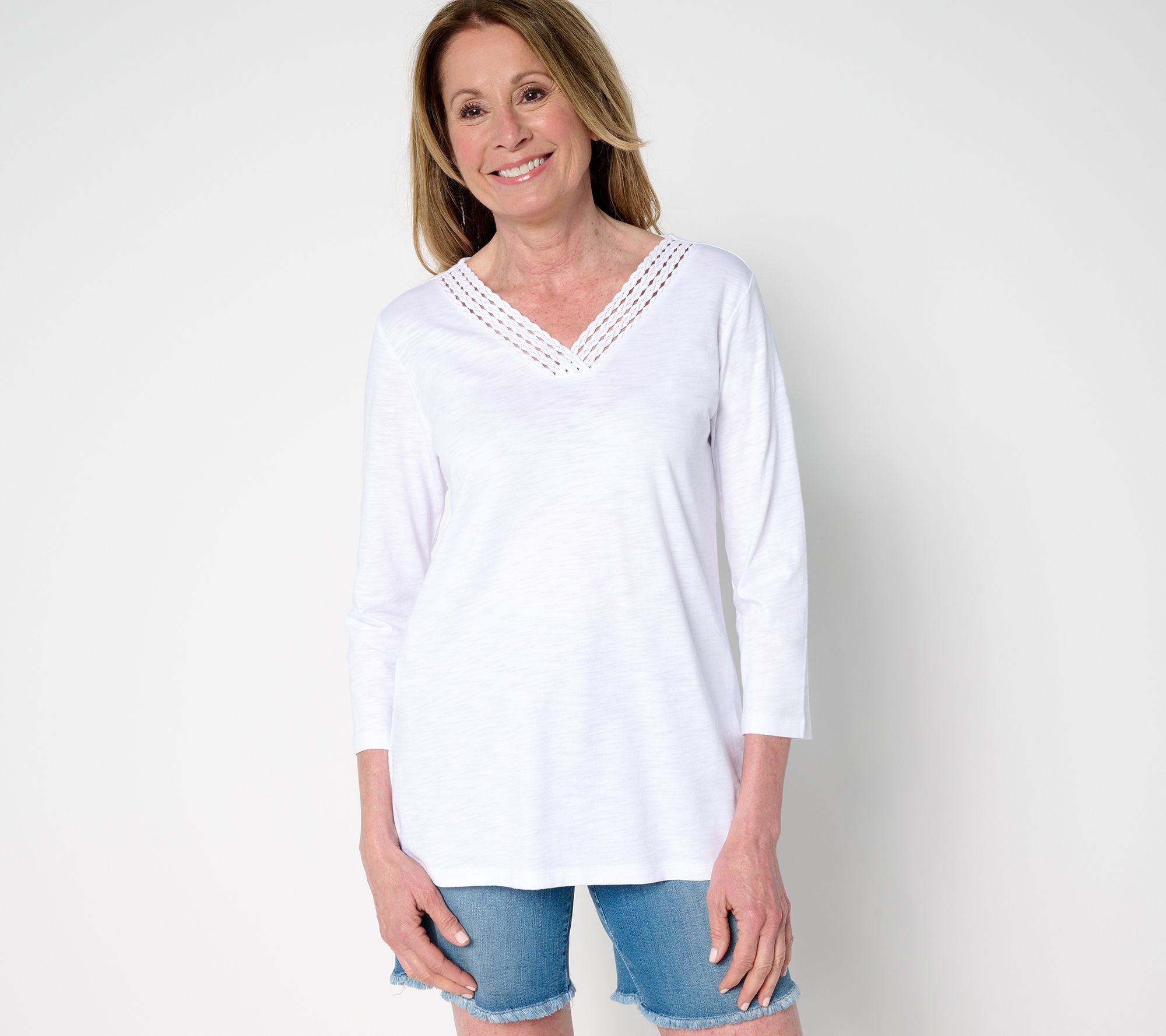 "As Is" Belle by Kim Gravel Slub Knit Braided Beauty V Neck Top