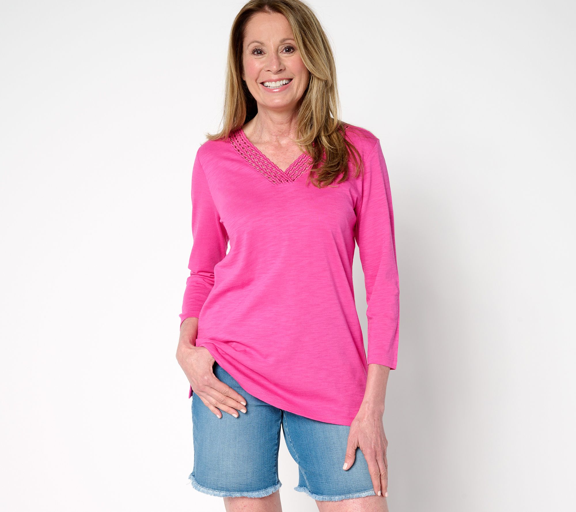 "As Is" Belle by Kim Gravel Slub Knit Braided Beauty V Neck Top