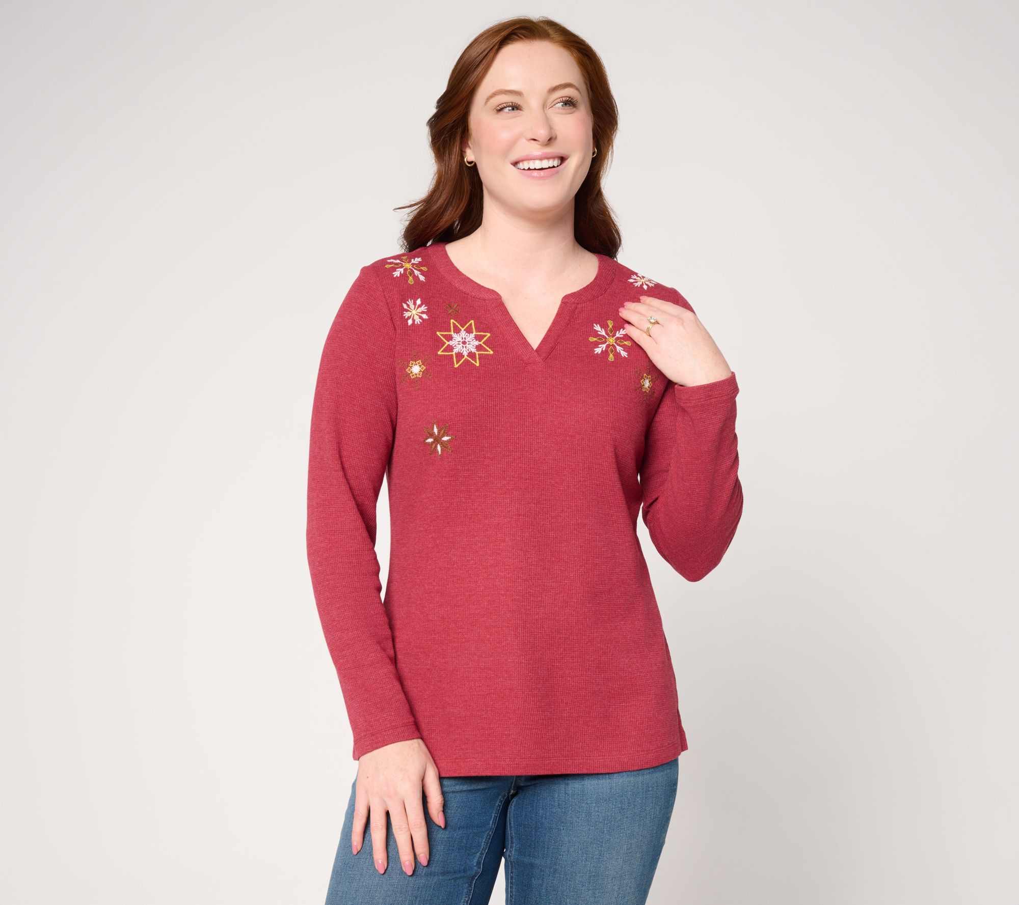 Denim & Co. Waffle Knit Holiday Embroidered Top