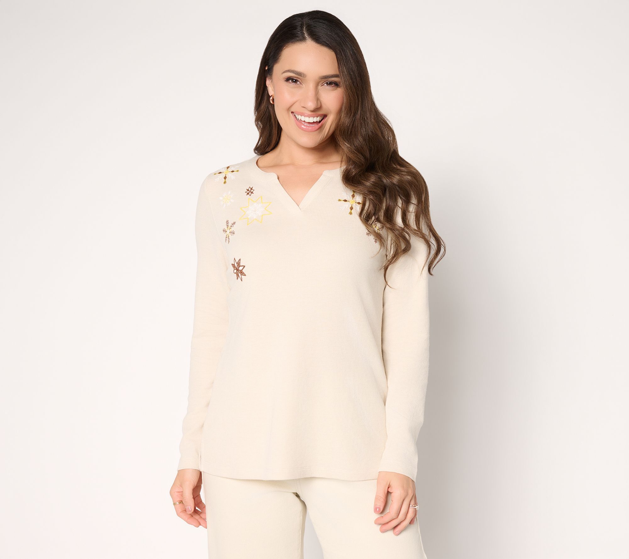 Denim & Co. Waffle Knit Holiday Embroidered Top