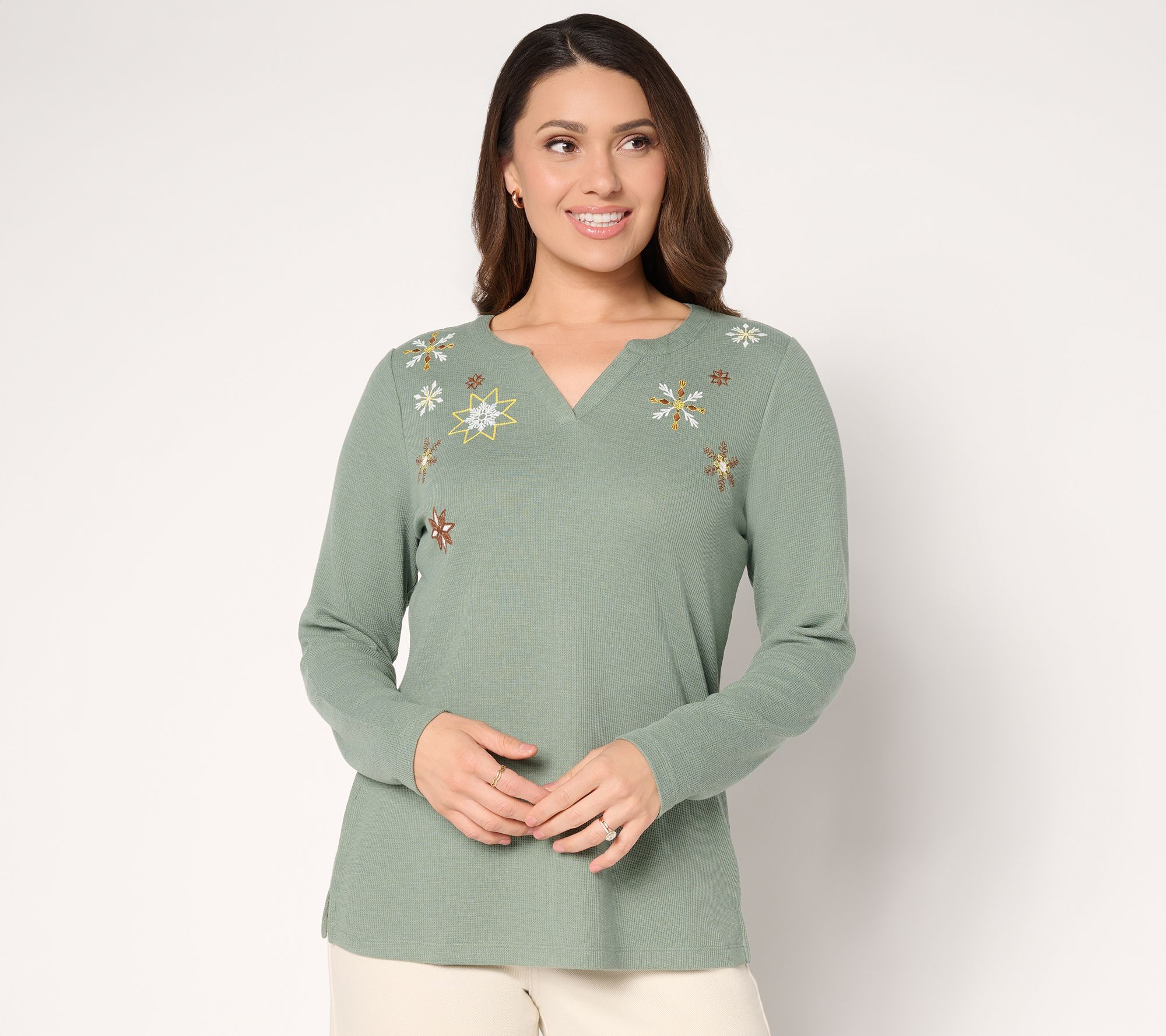 Denim & Co. Waffle Knit Holiday Embroidered Top