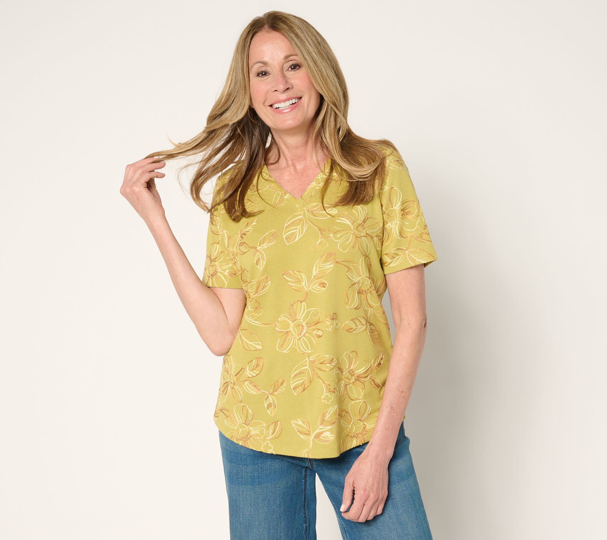 "As Is" Denim & Co. Ombre Embroidered Short Sleeve V-Neck Top