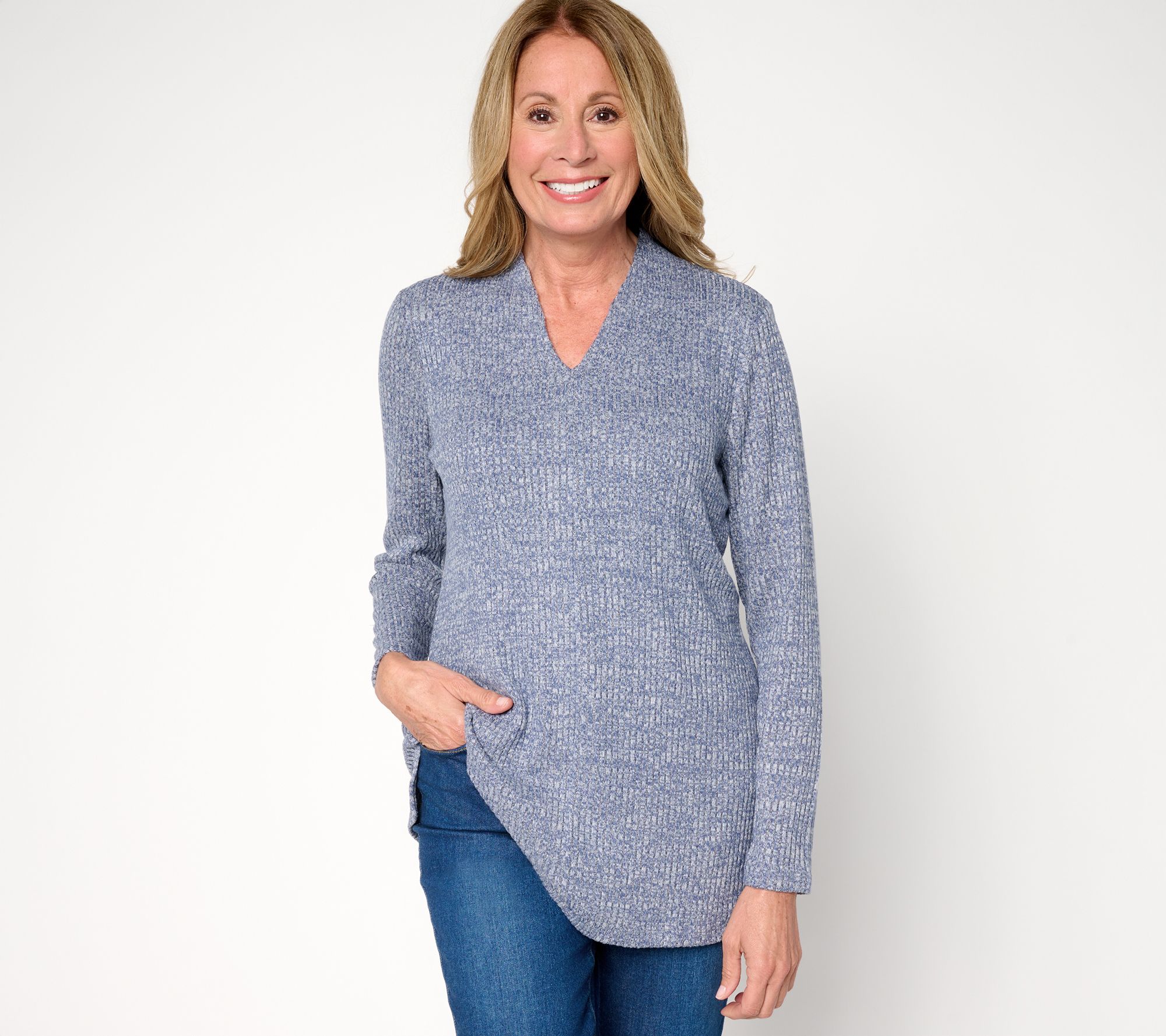 Denim & Co. Regular Drop Needle Rib Long Sleeve V-Neck Tunic
