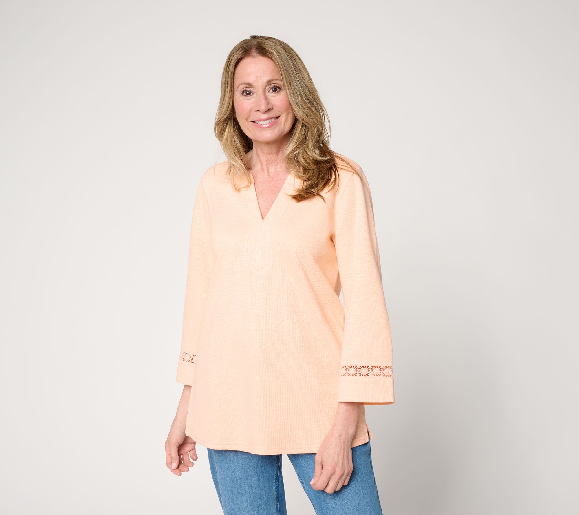 Susan Graver Soleil Petite Slub Rib Knit Tunic w/ Lace Detail