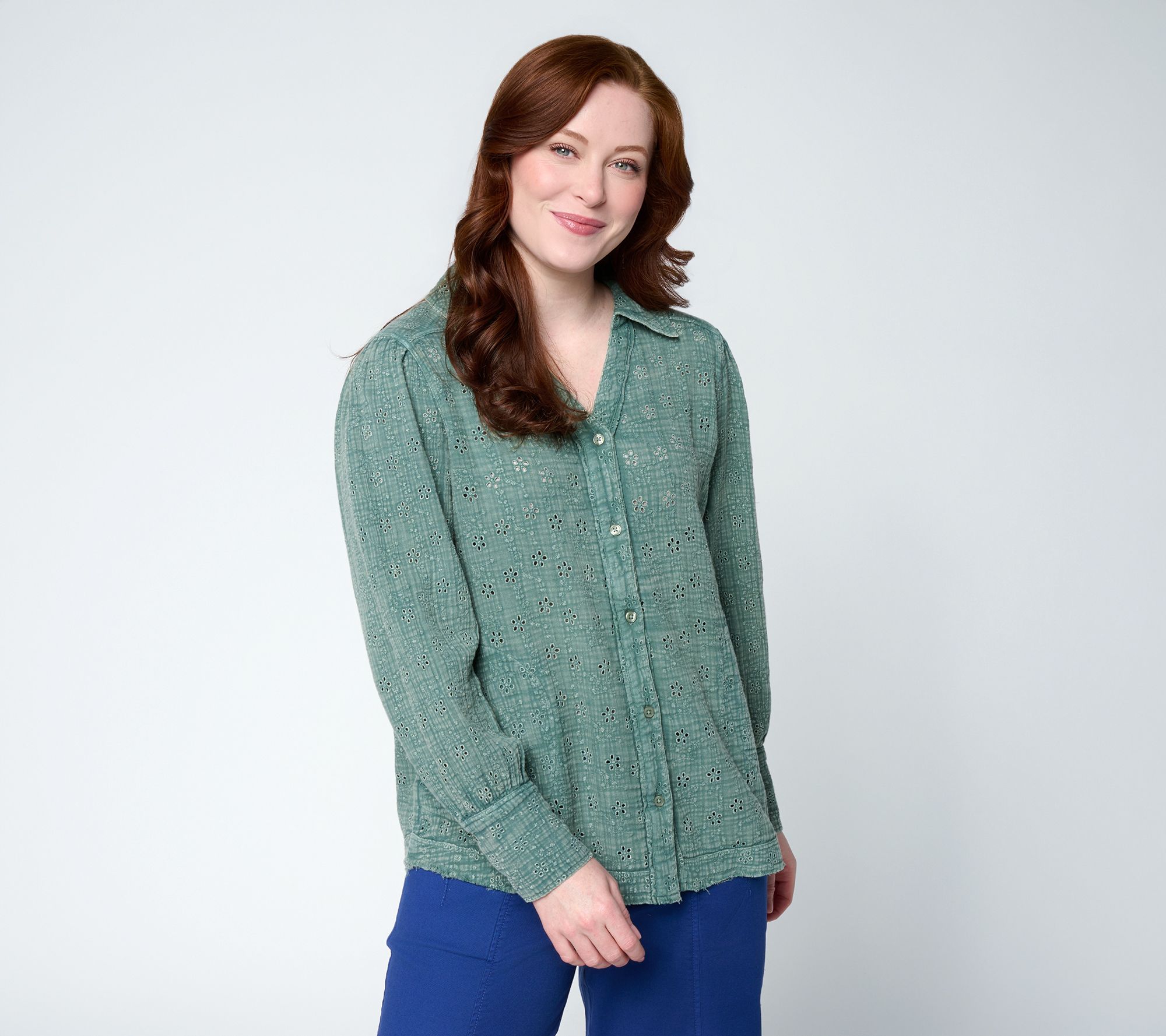 LOGO Lavish by Lori Goldstein Overdye Button Front Eyelet Shirt