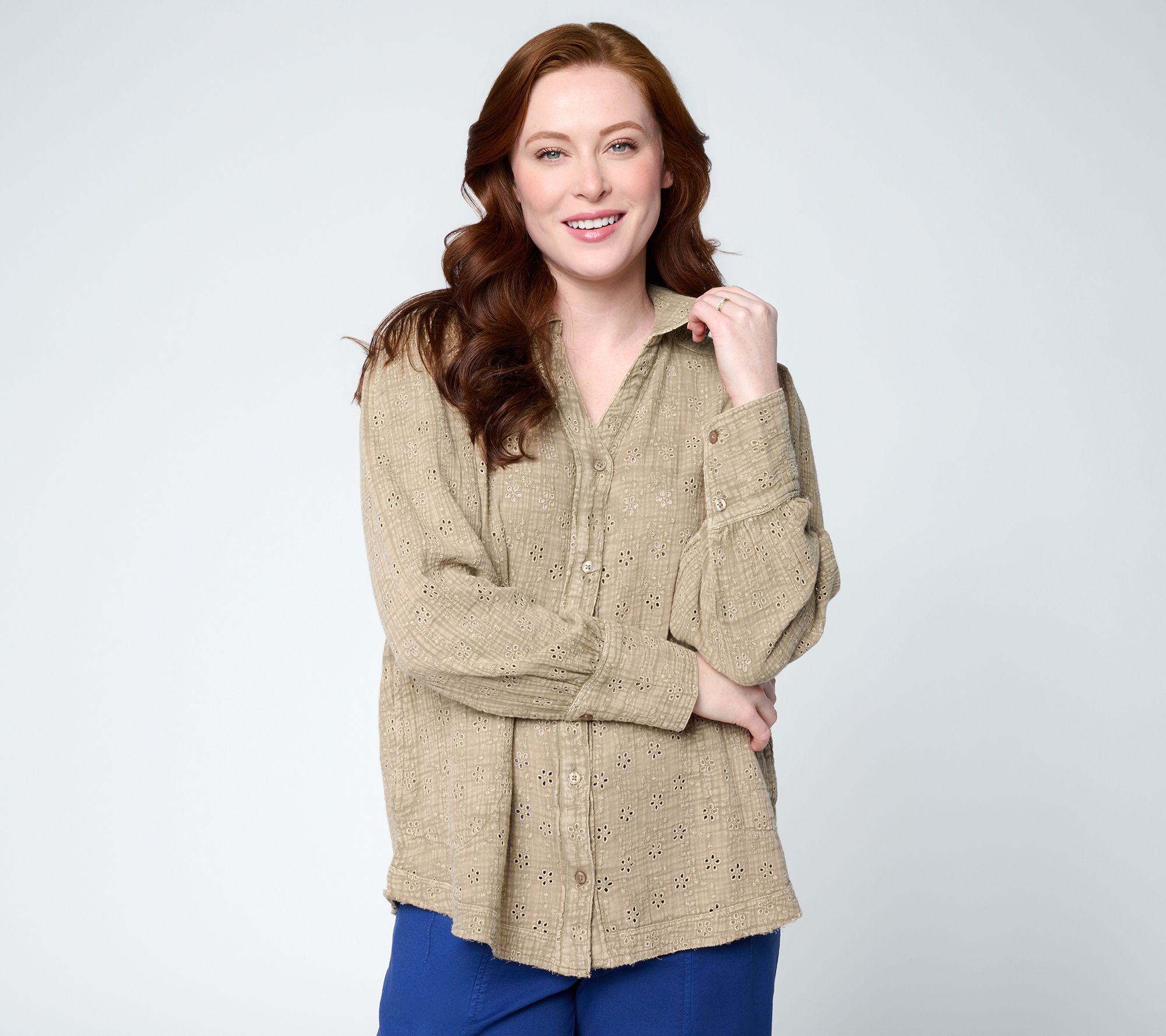 LOGO Lavish by Lori Goldstein Overdye Button Front Eyelet Shirt